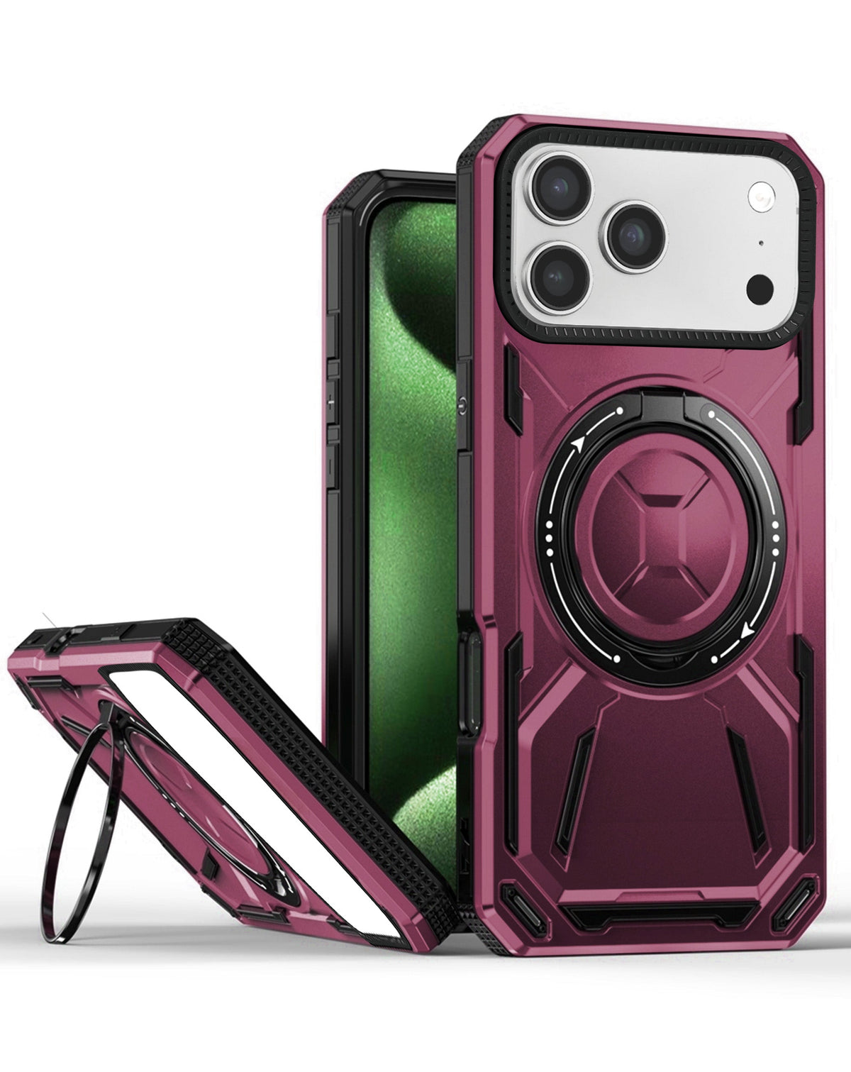 Full-Body Rugged Shockproof Case with Ring Holder for iPhone 17 Pro Max / 18 Pro Max — Burgundy