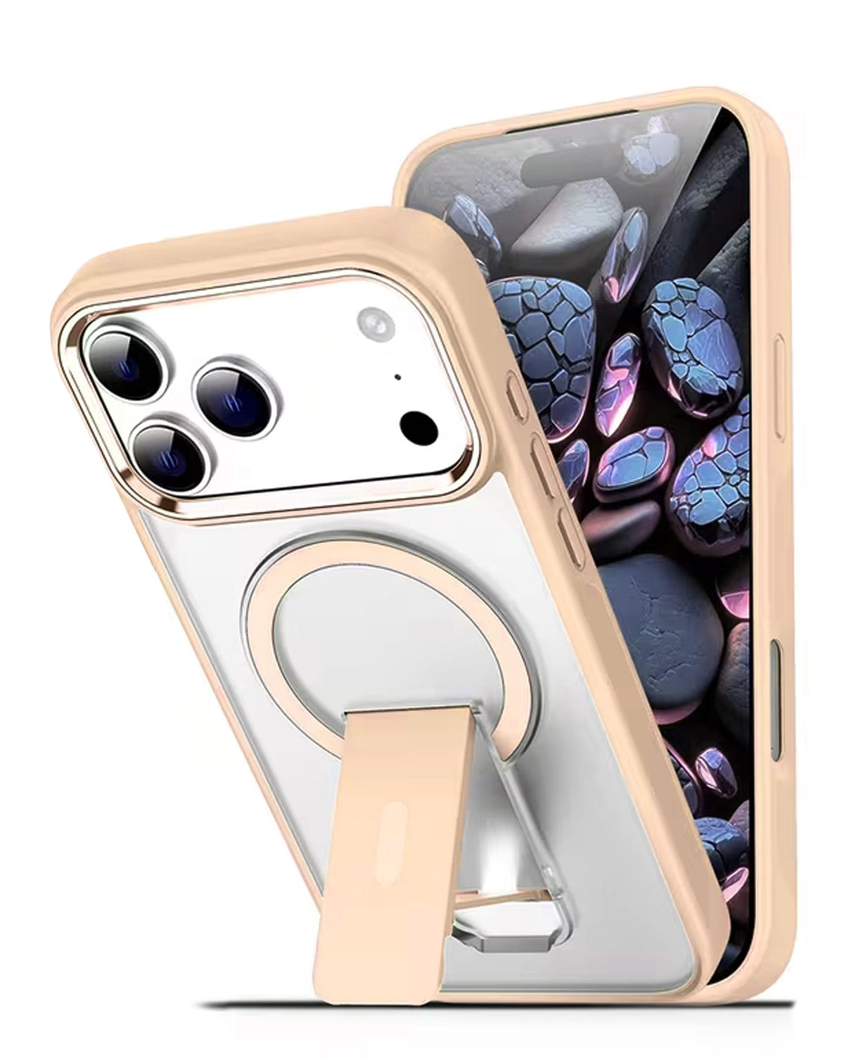 Clear Magnetic Case with Built-in Kickstand for iPhone 17 Pro Max / 18 Pro Max — Champagne Gold