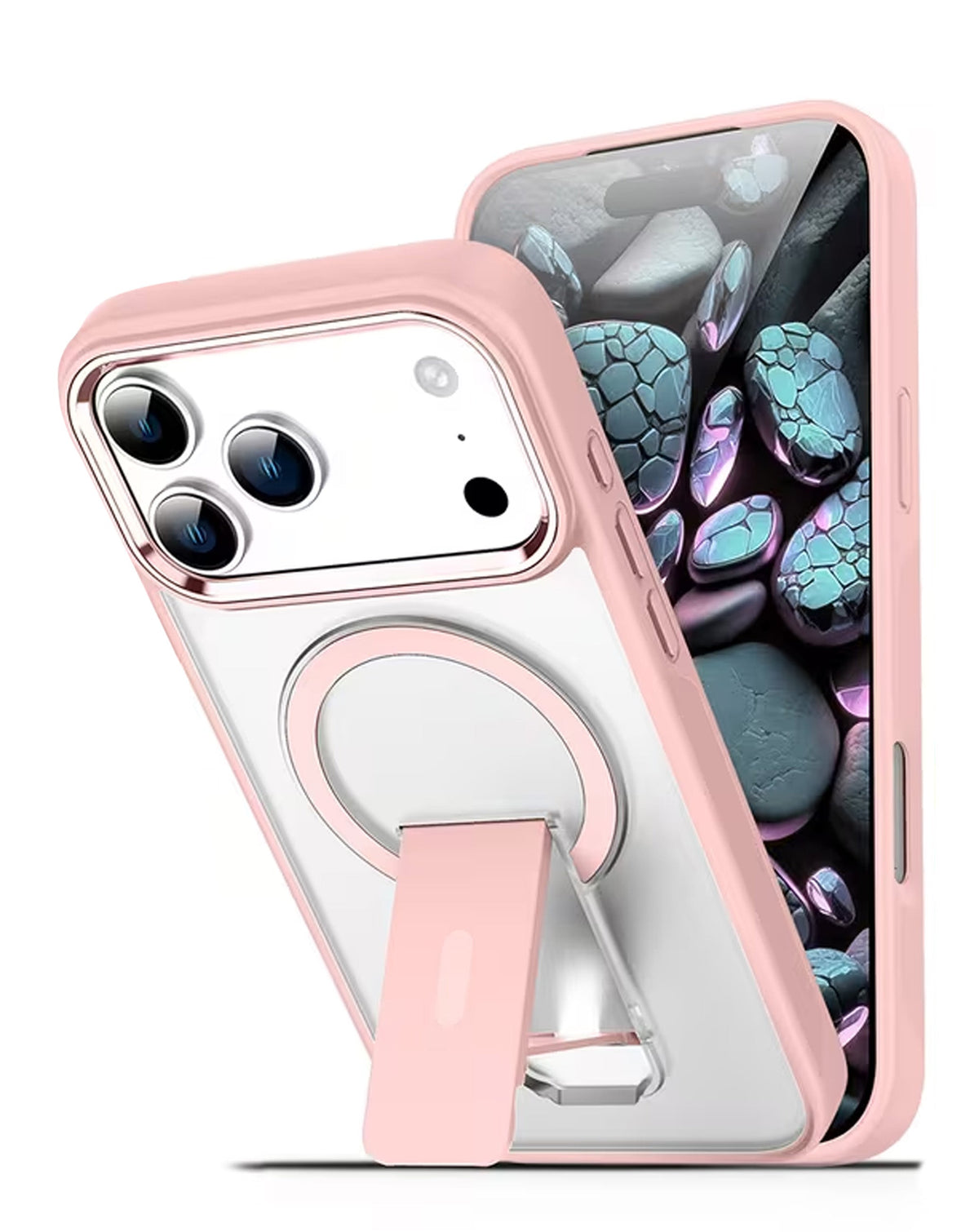 Clear Magnetic Case with Built-in Kickstand for iPhone 17 Pro Max / 18 Pro Max — Sand Pink