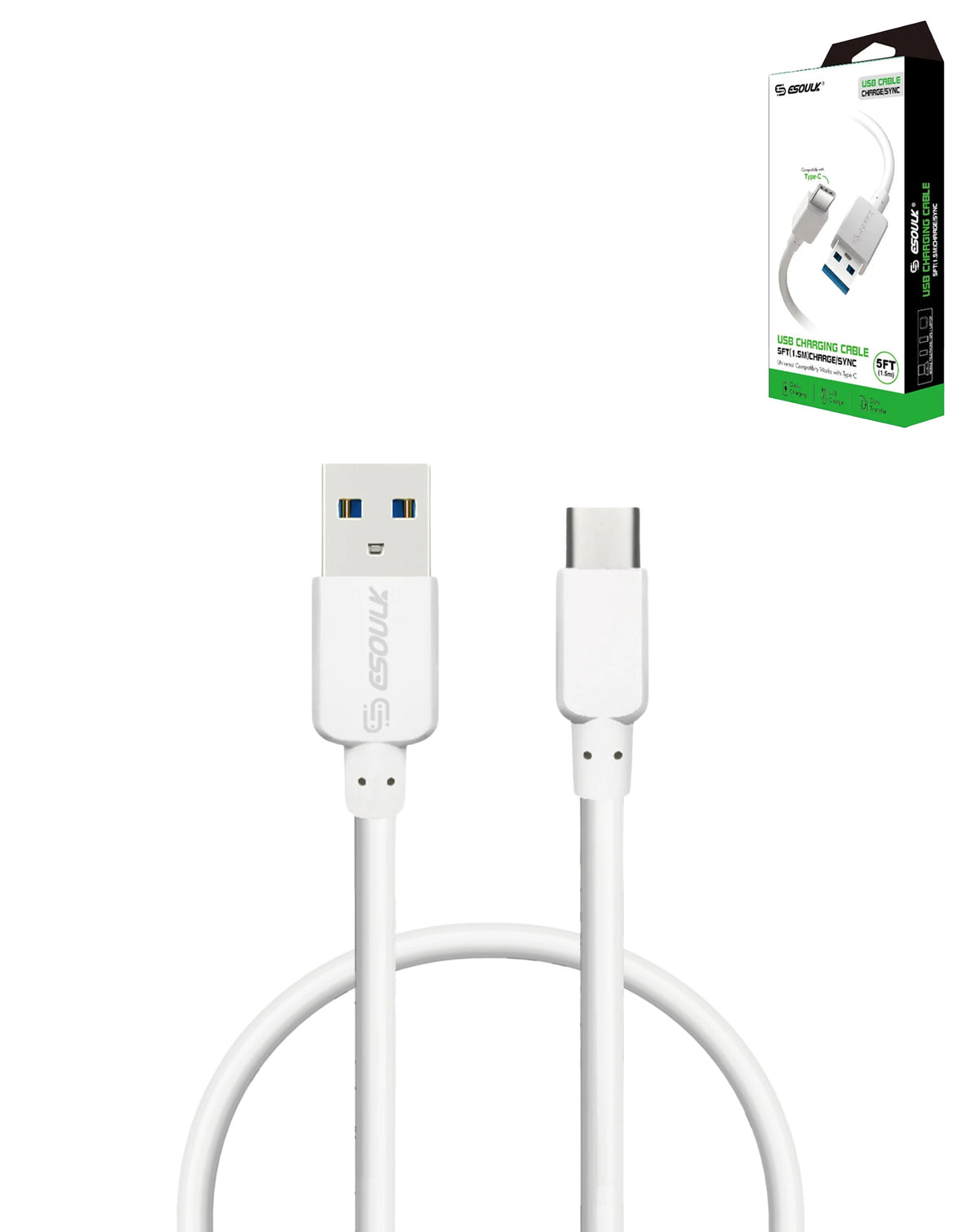 Esoulk EC30P USB-A to USB-C Round Cable — 15W, 5 ft, White