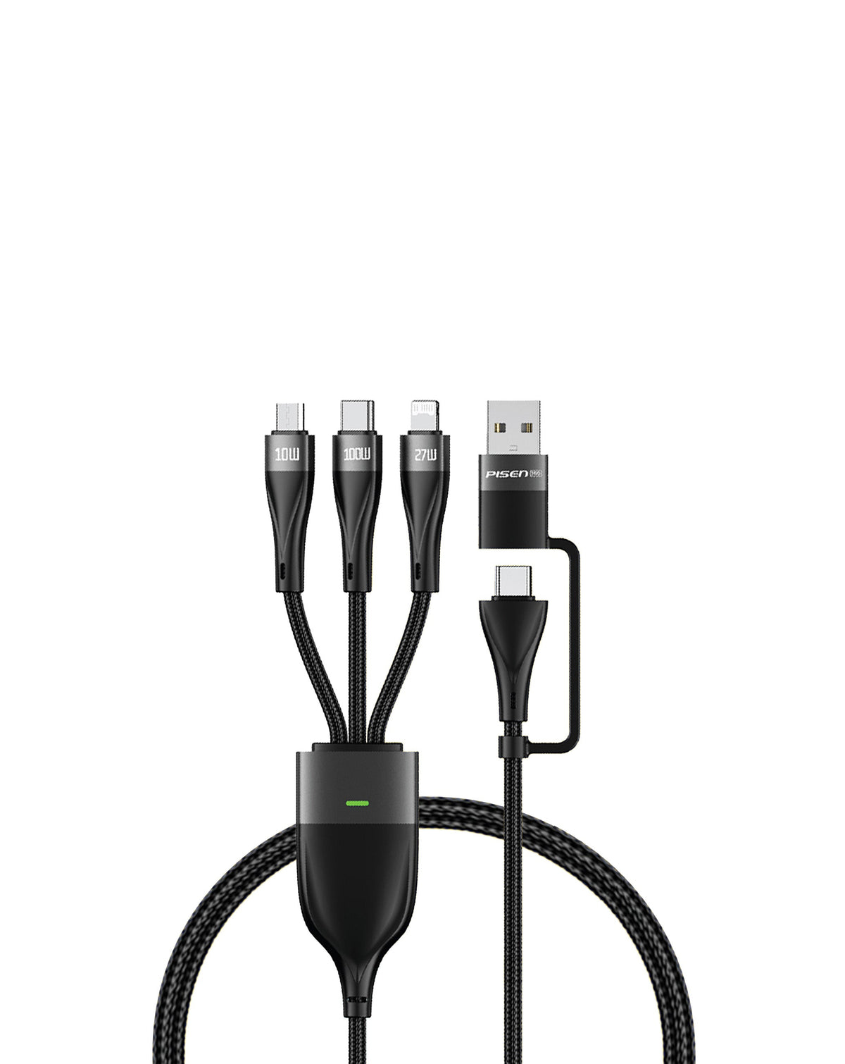 PISEN PRO-Mars 3-in-1 Braided Charging Cable — Lightning + USB-C + Micro USB, 100W, 4 ft, Black
