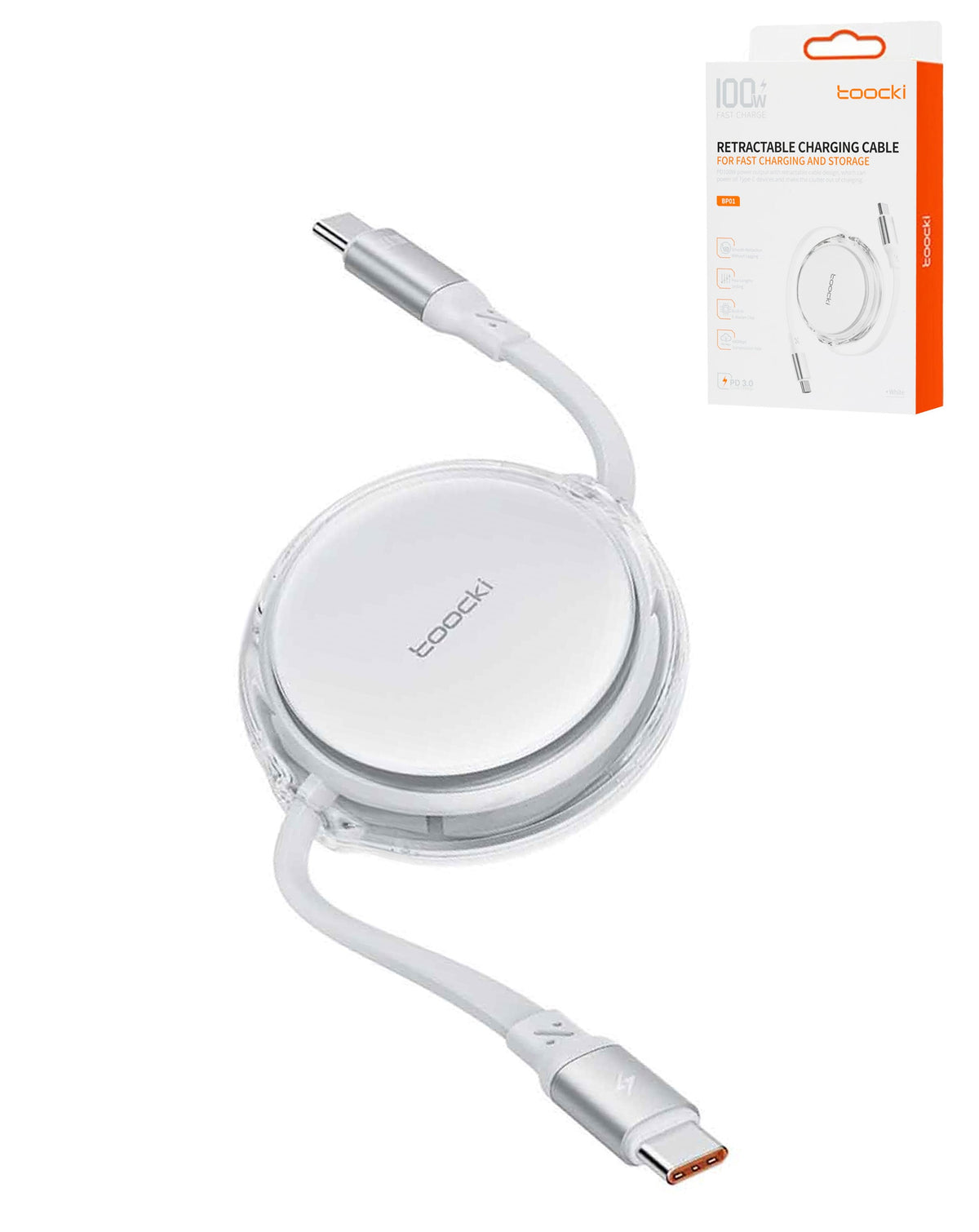 Toocki USB-C to USB-C Retractable Fast Charging Cable — 100W, 3 ft, White