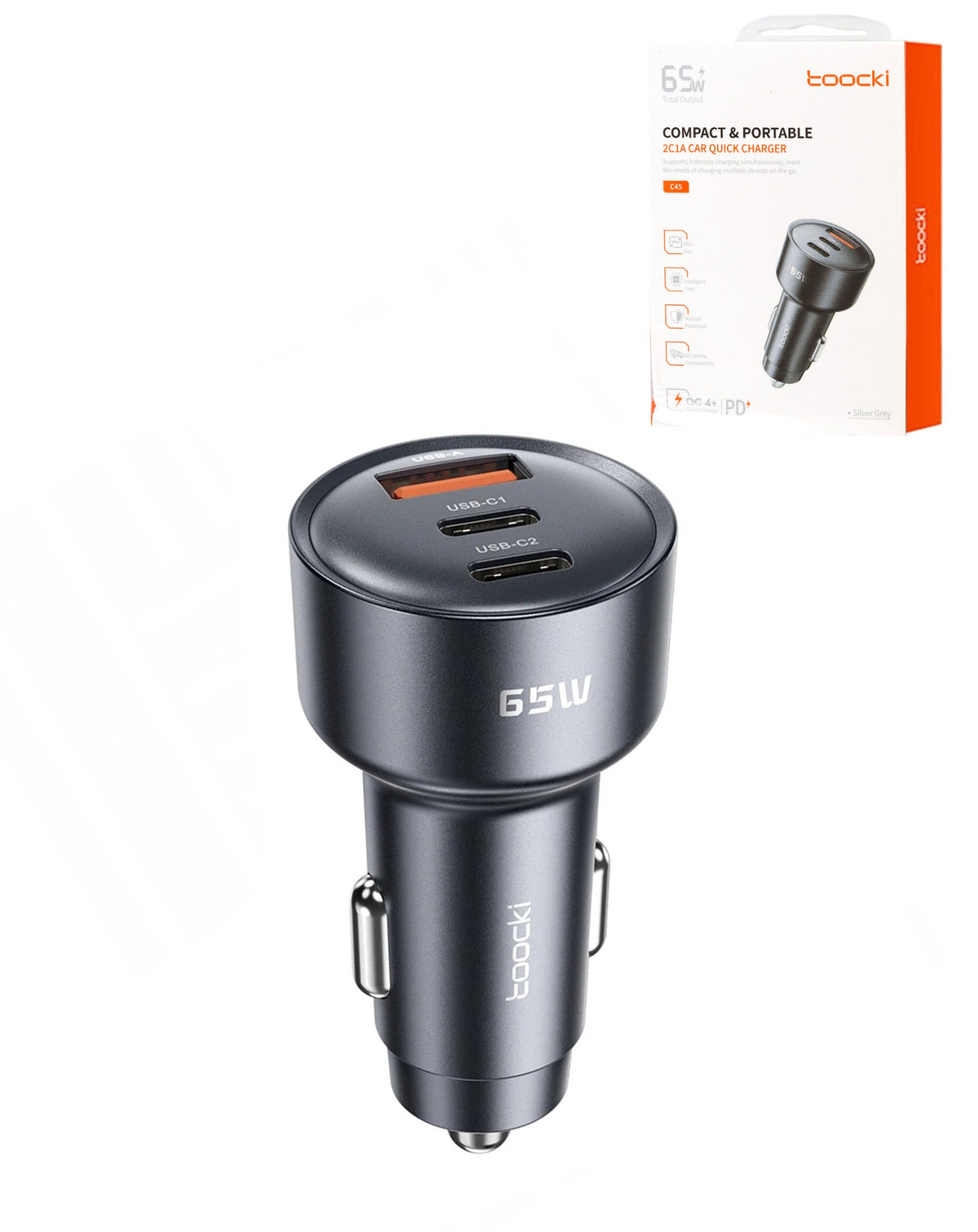 Toocki 65W Car Charger — USB-C + USB-C + USB-A, Black