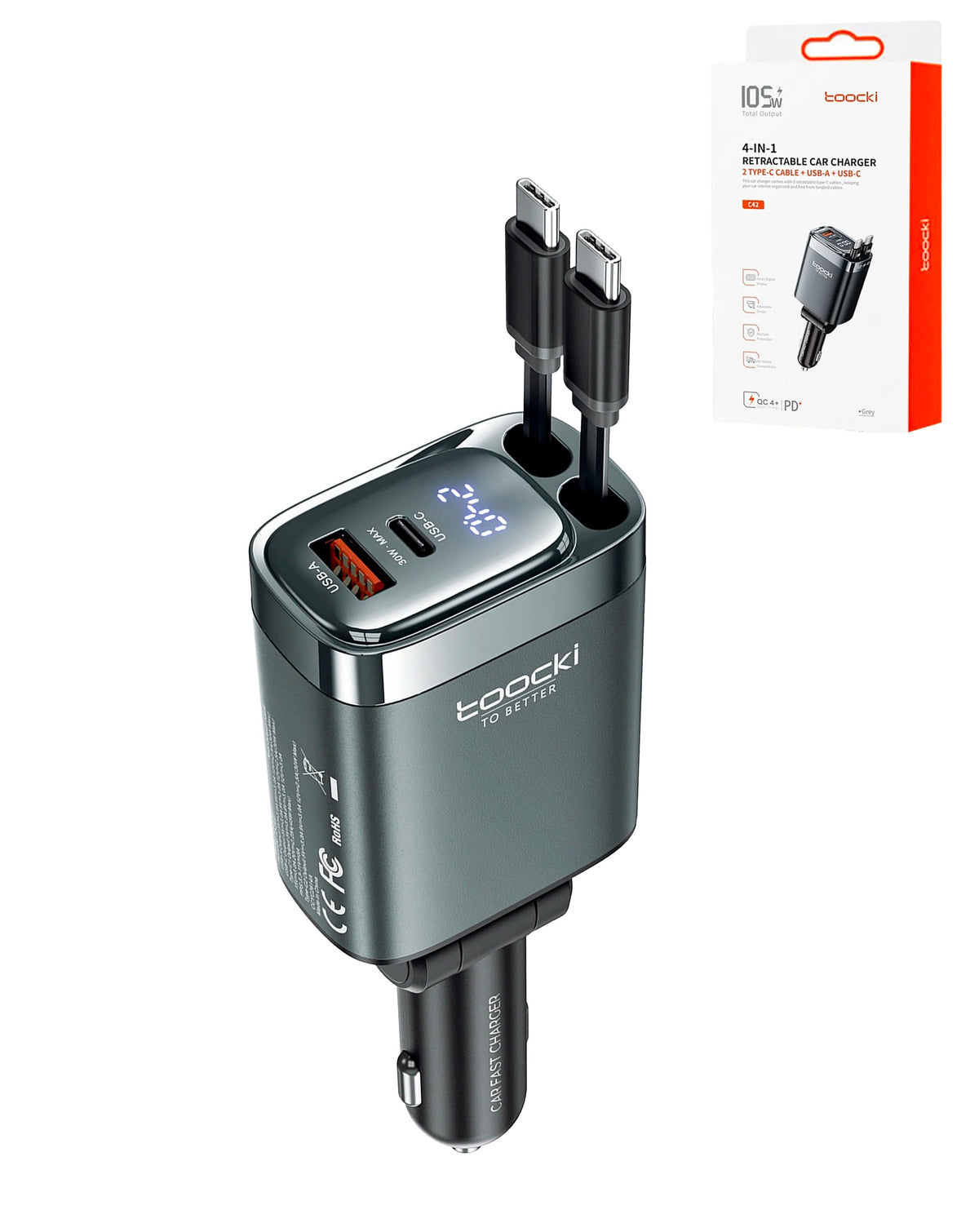 Toocki 2 USB-C + USB-A Car Charger with Display — 105W, Black