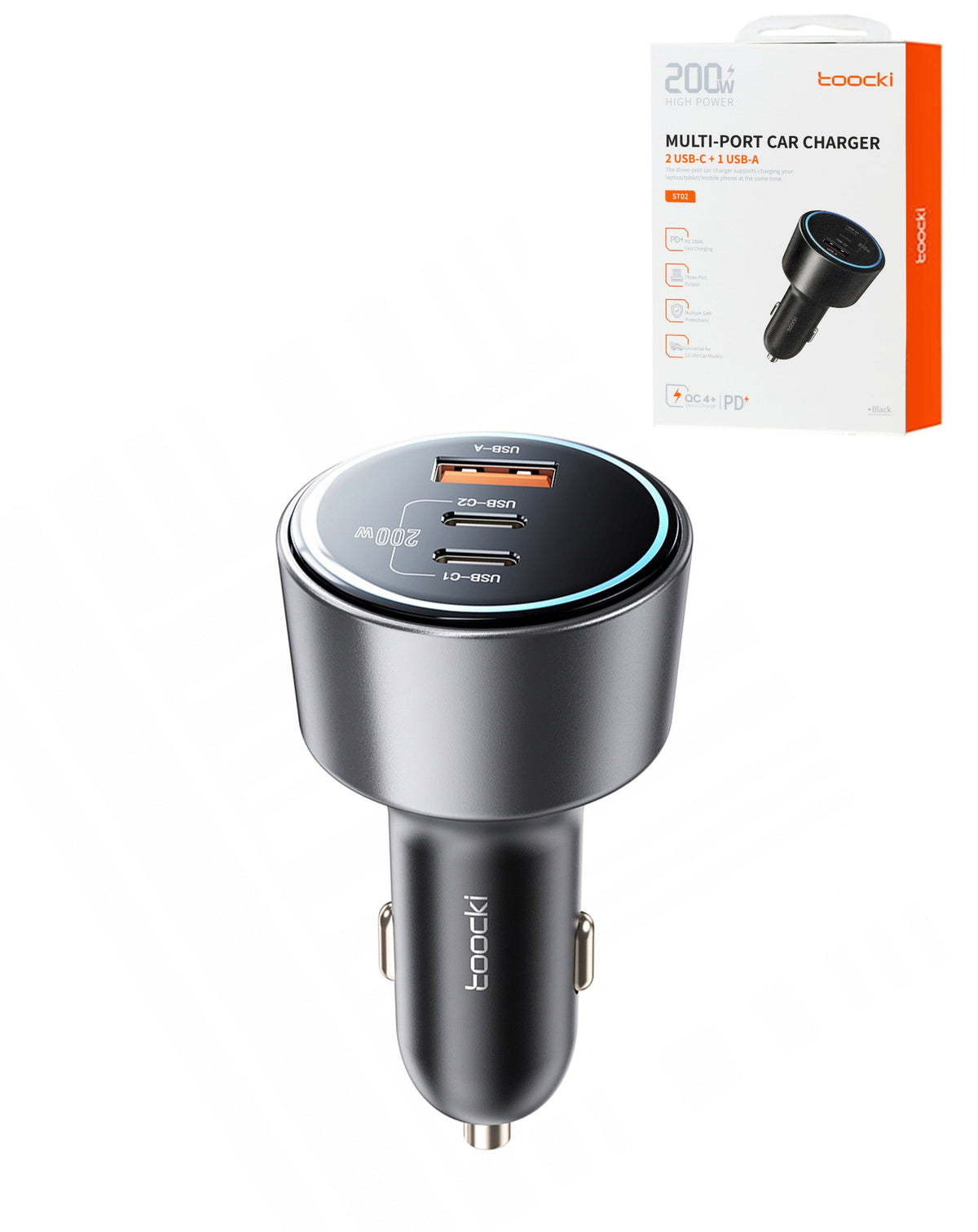 Toocki 2 USB-C + USB-A Car Charger — 200W, Black
