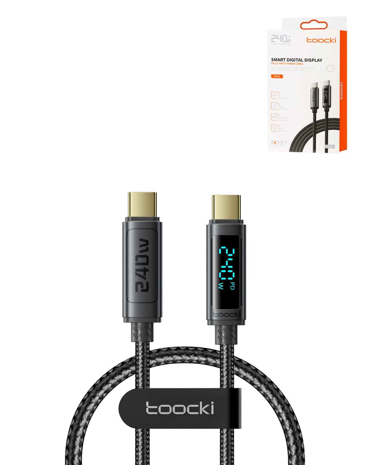 Toocki USB-C to USB-C Fast Charging Cable with Display — 240W, 3 ft, Gray