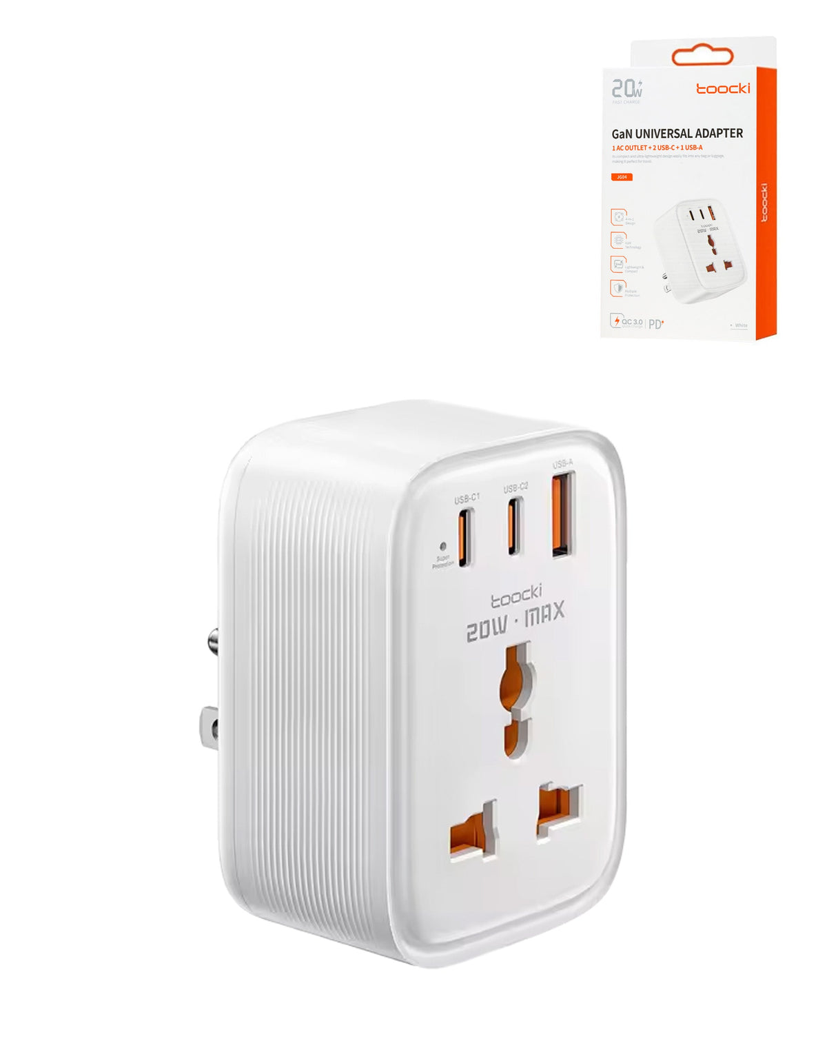 Toocki US to Universal Travel Adapter with 2 USB-C + USB-A — 20W, White