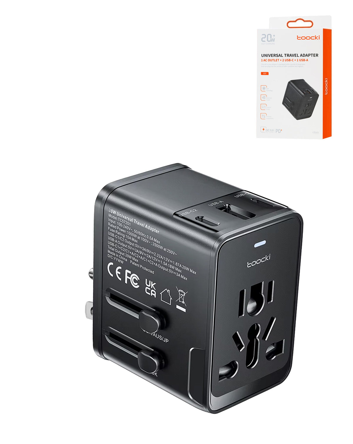 Toocki US to Universal Travel Adapter with 2 USB-C + USB-A — 20W, Black