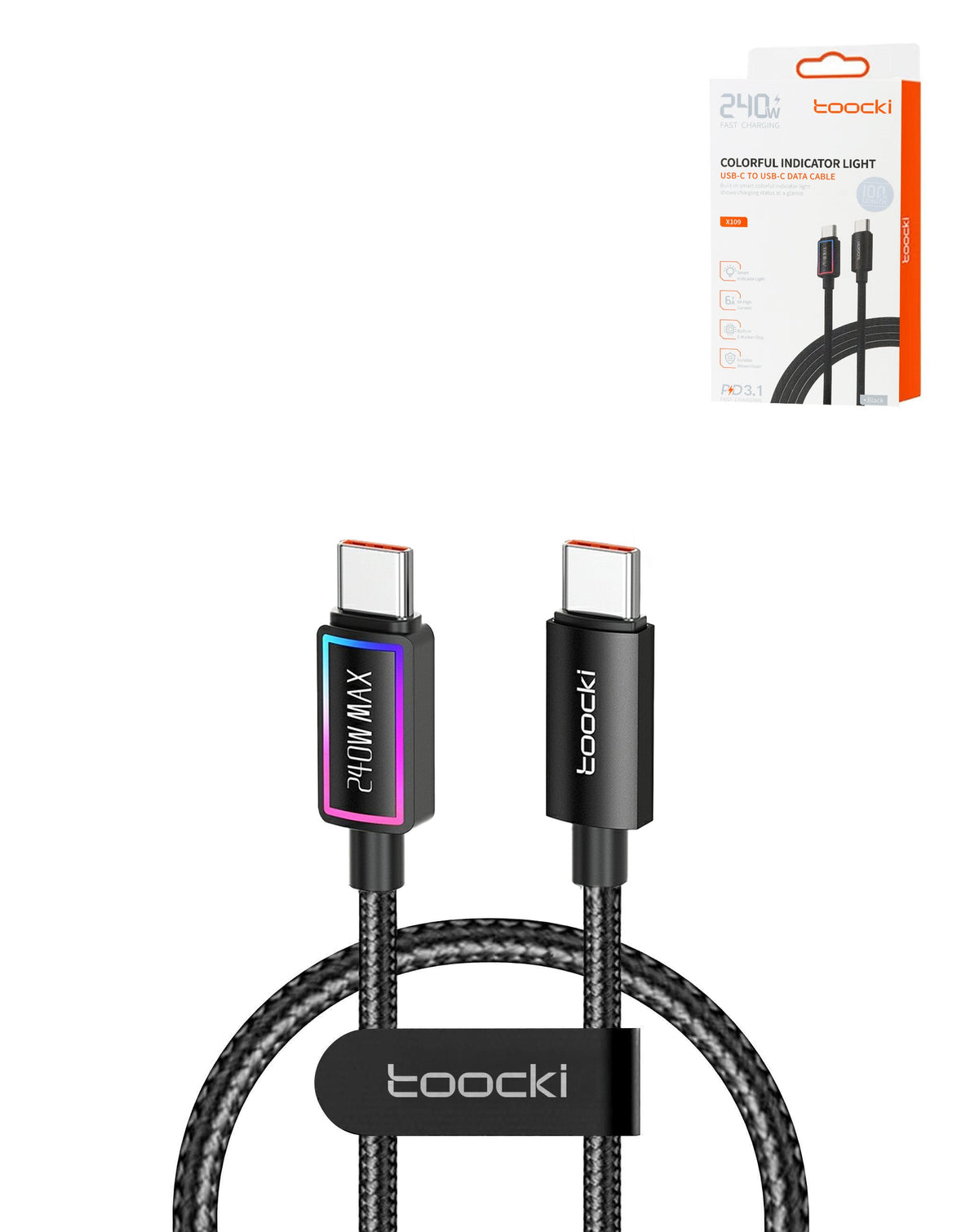 Toocki USB-C to USB-C Fast Charging Cable with Colorful Indicator Light — 240W, 3 ft