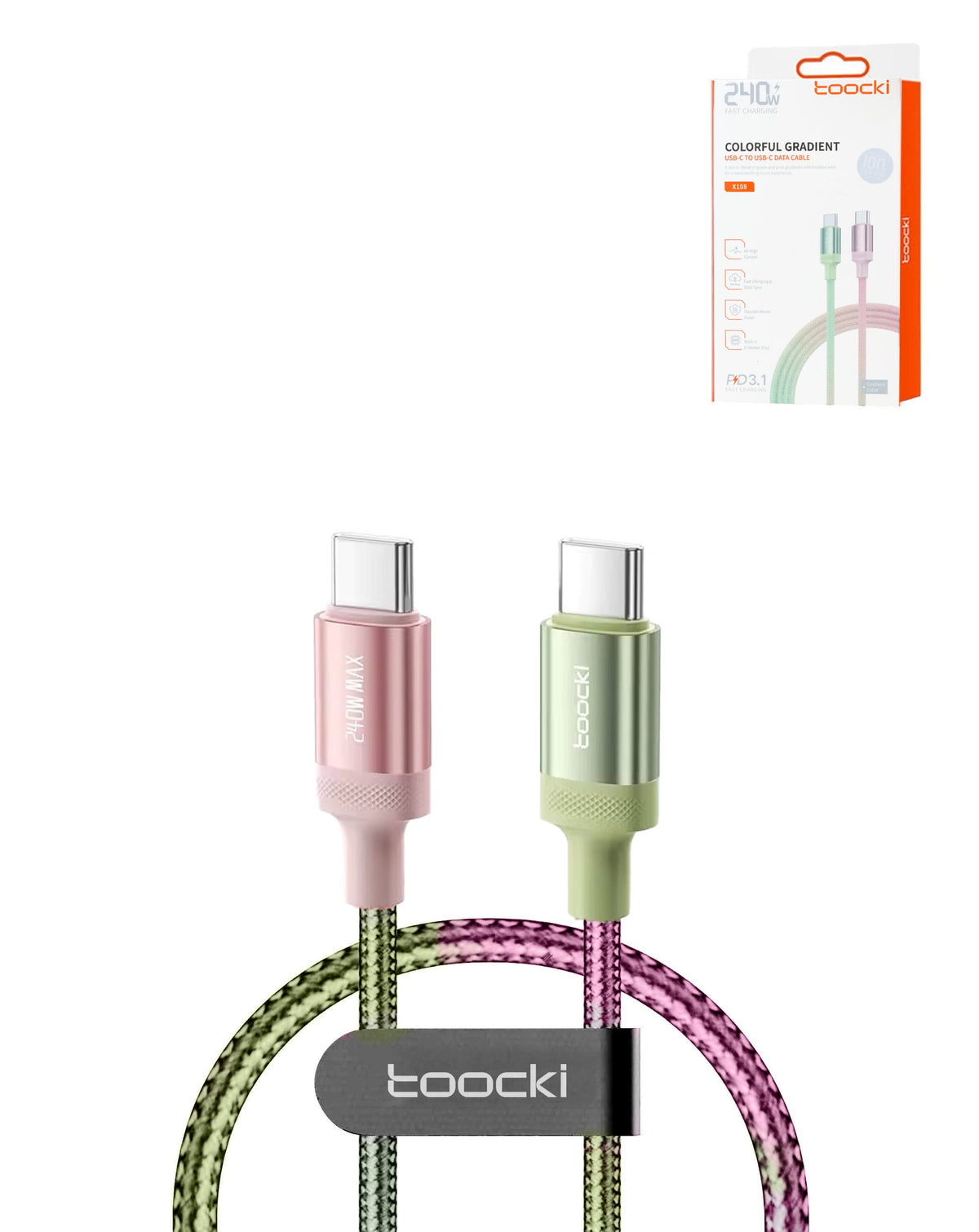 Toocki USB-C to USB-C Fast Charging Cable with Display — 240W, 3 ft, Colorful