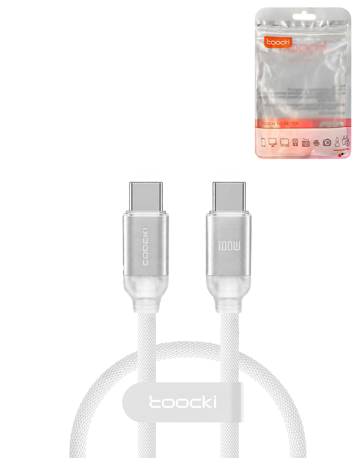 Toocki USB-C to USB-C Crystal Fast Braided Charging Cable — 100W, 3 ft, White