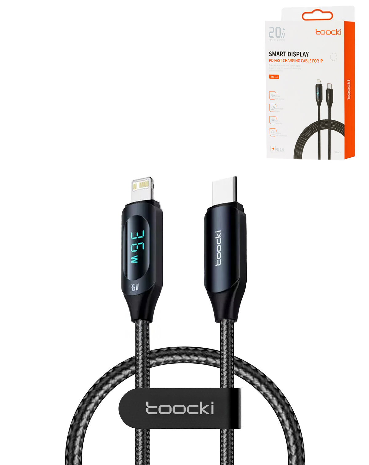 Toocki USB-C to Lightning Fast Charging Cable with Display — 20W, 3 ft, Black