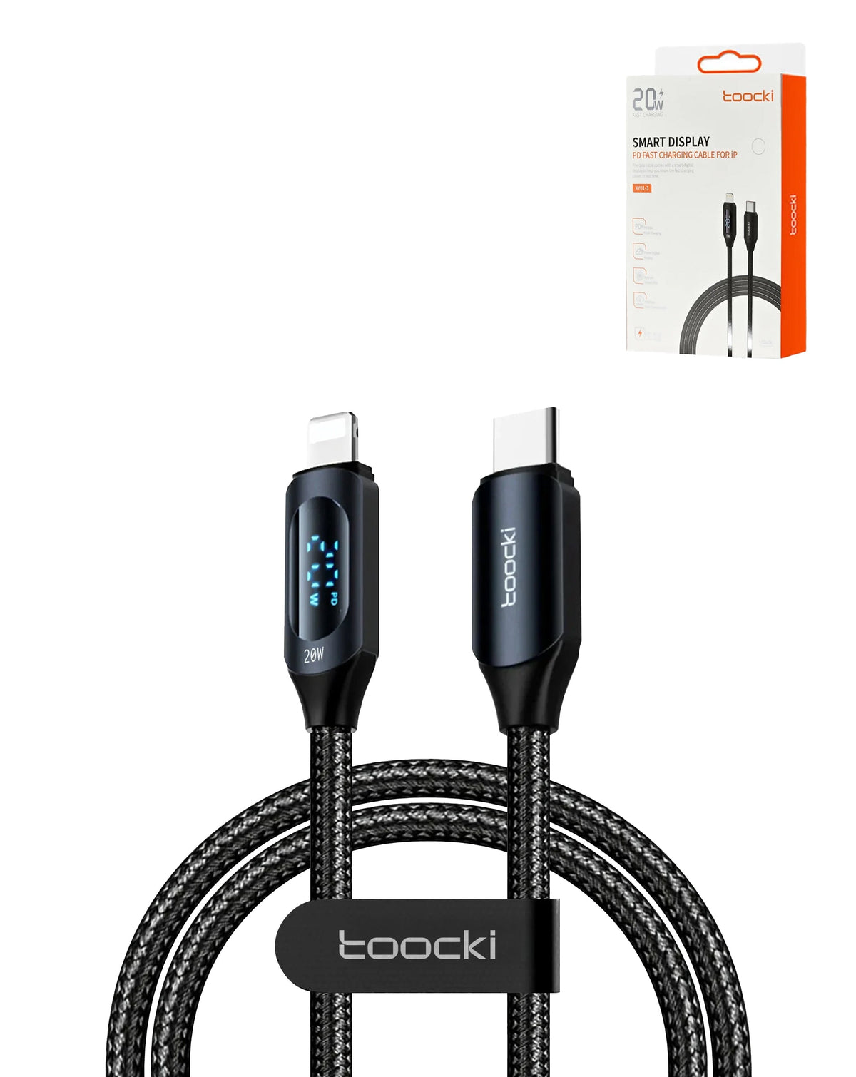 Toocki USB-C to Lightning Fast Charging Cable with Display — 20W, 6 ft, Black