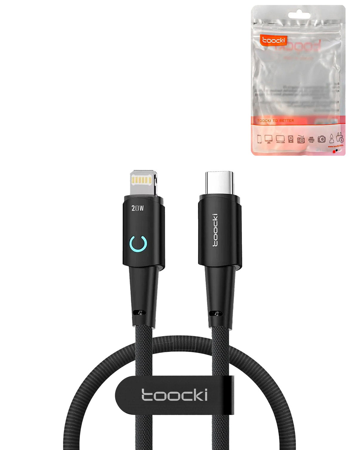Toocki USB-C to Lightning Data Transfer Cable with LED Light — 20W, 1 ft, Black