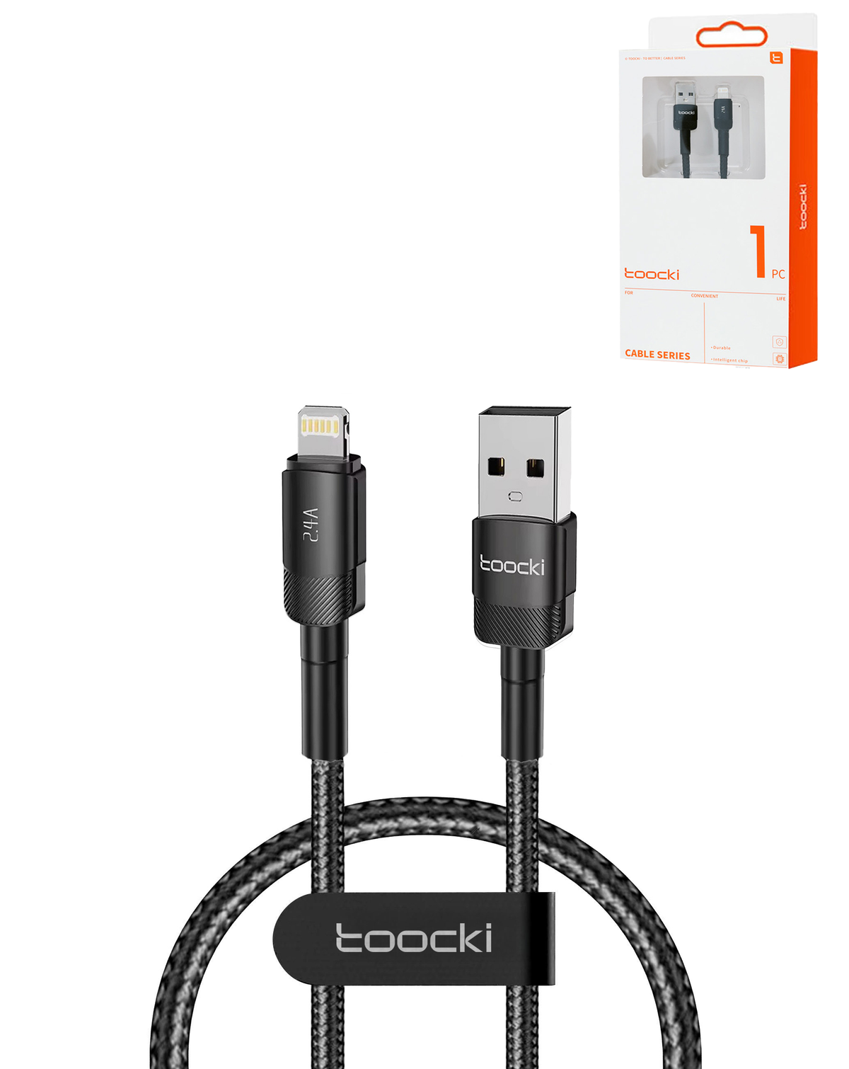 Toocki USB-A to Lightning Braided Fast Charging Cable — 12W, 3 ft, Black