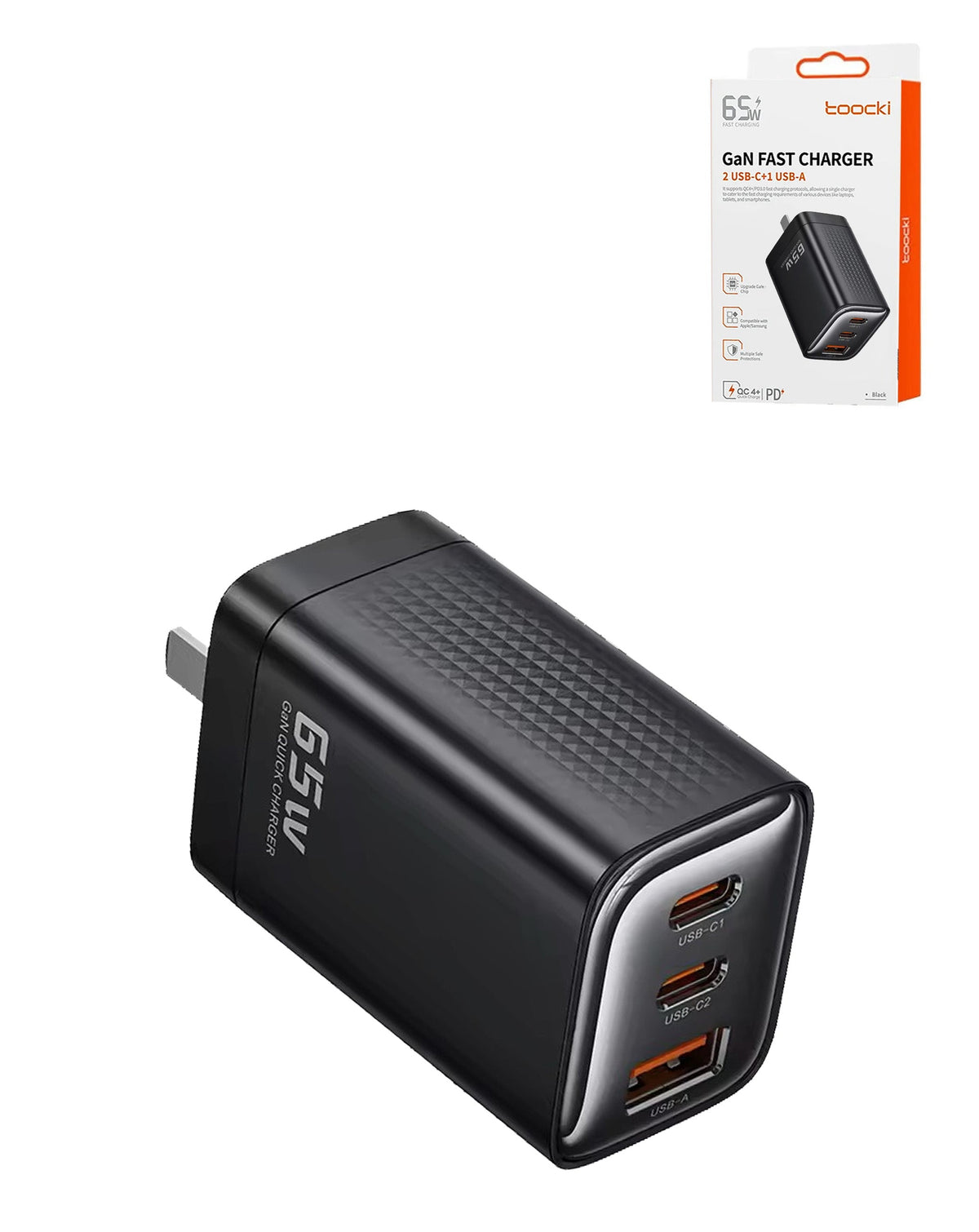 Toocki 2 USB-C + USB-A GaN Fast Charger — 65W, Black