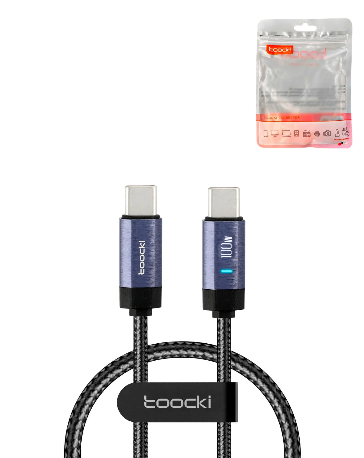 Toocki USB-C to USB-C Fast Charging Cable with Indicator Light — 100W, 3 ft, Blue