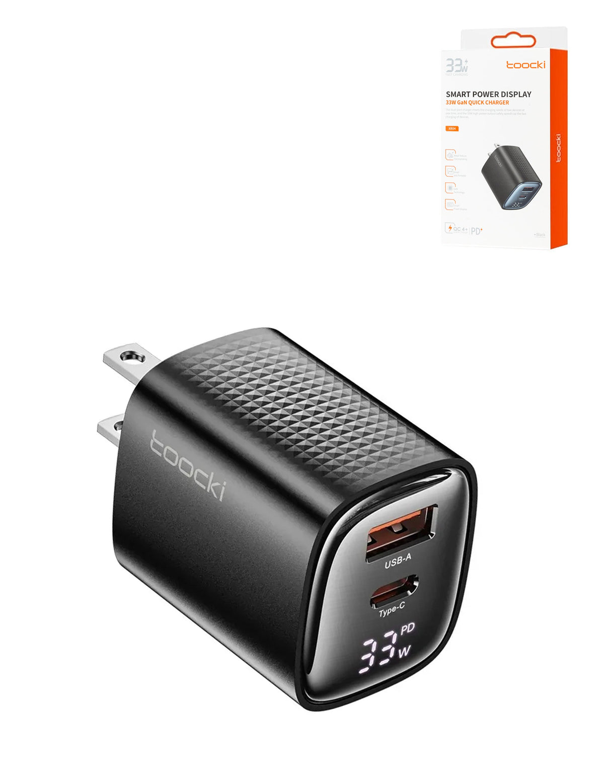 Toocki USB-C + USB-A GaN Charger with Display — 33W, Black