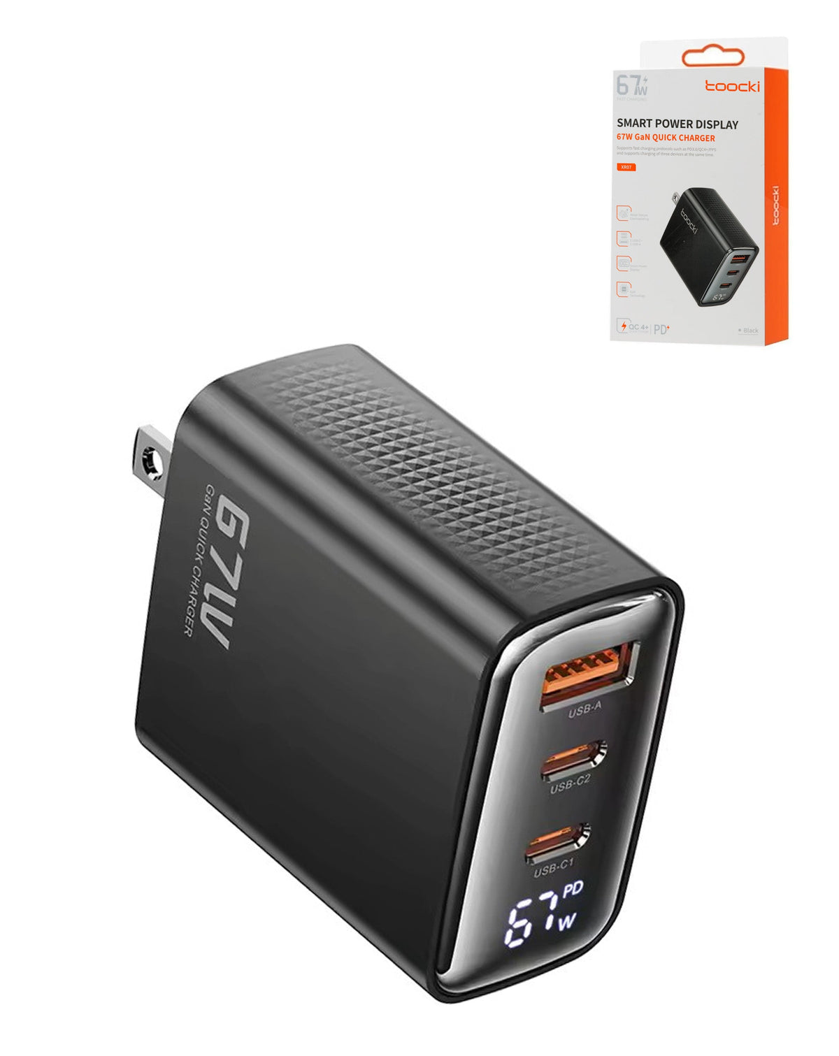 Toocki USB-A + 2 USB-C GaN Fast Charger — 67W, Black