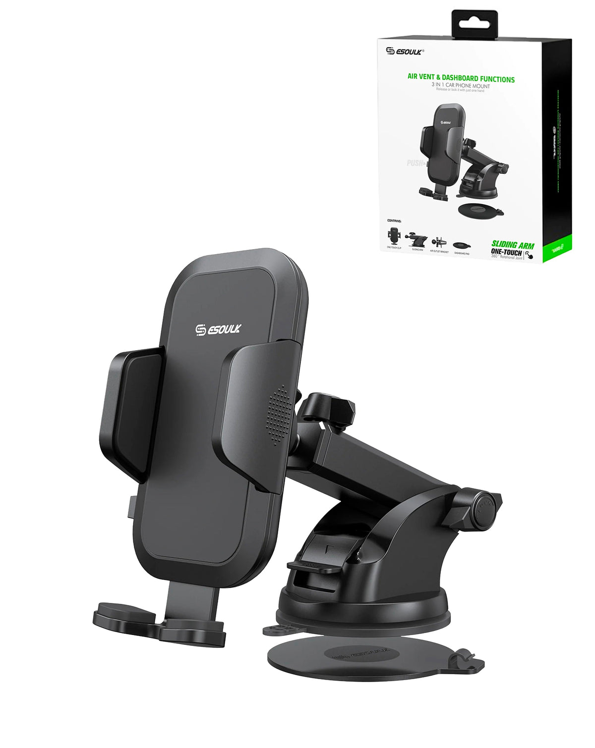Esoulk 2-in-1 Air Vent & Dashboard Card Phone Mount — Black