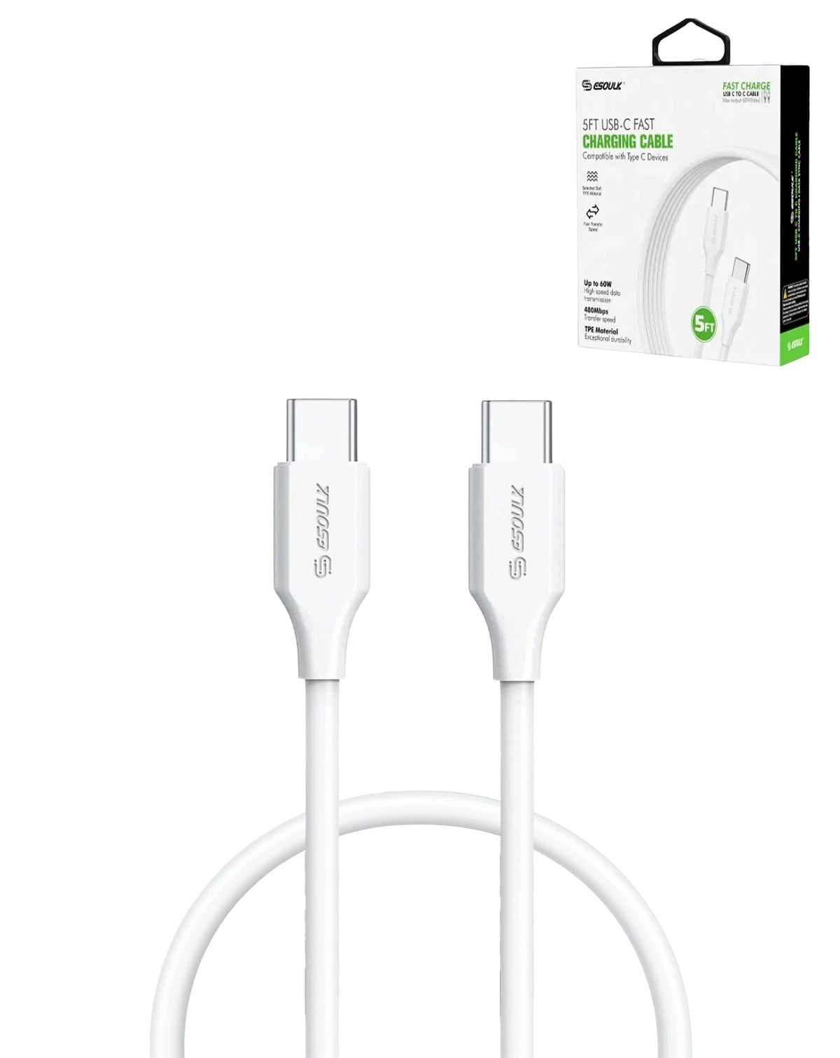 Esoulk USB-C to USB-C Fast Charging Cable — 60W, 5 ft, White