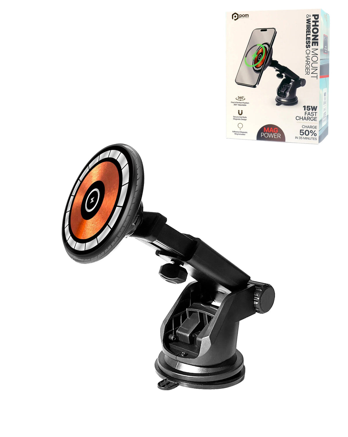 POMGEAR Bronze-Coil MagSafe Extending Grip Mount with Suction Cup — 15W
