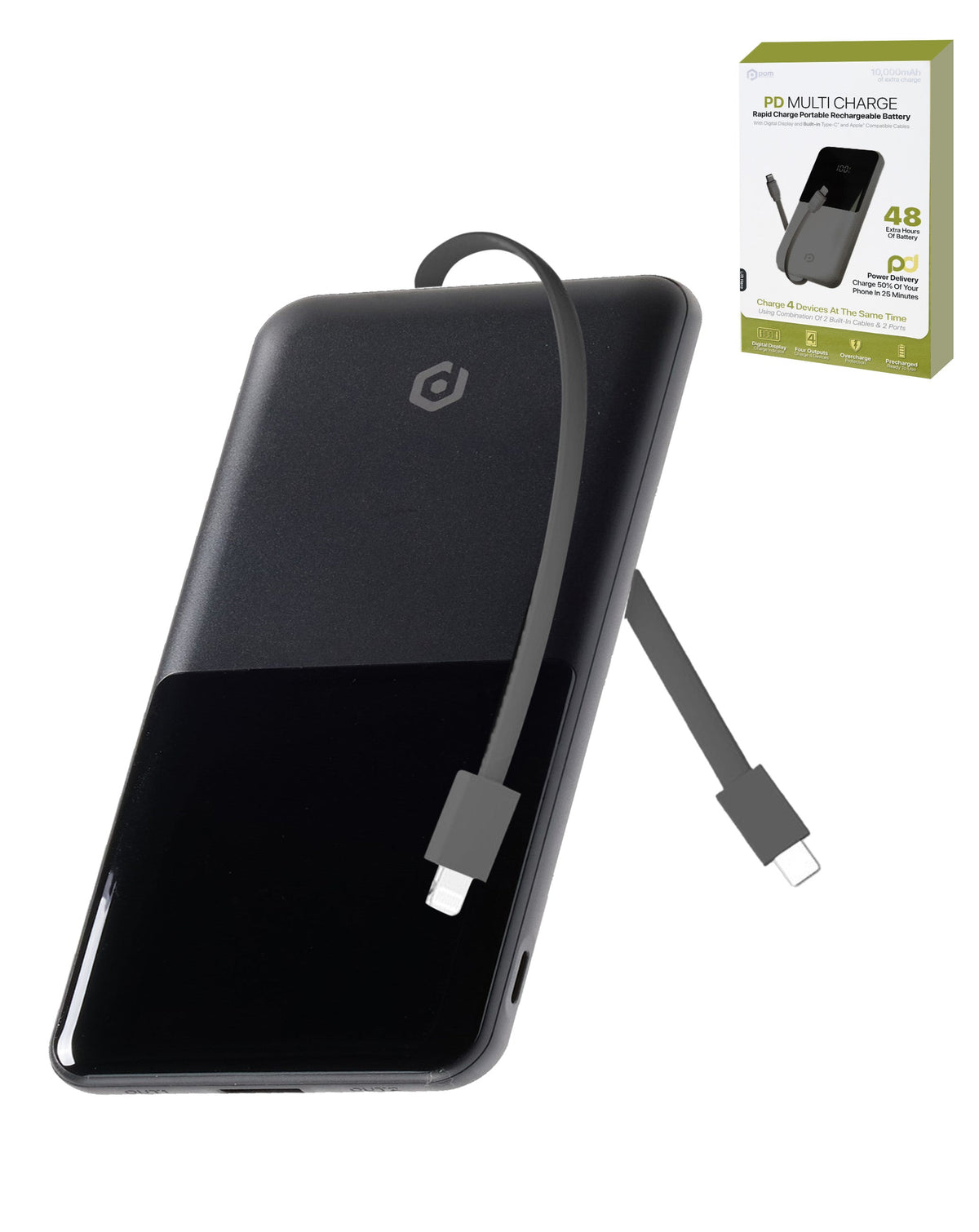 POMGEAR Multi Charge Portable Power Bank with Digital Display — 10,000mAh, Black
