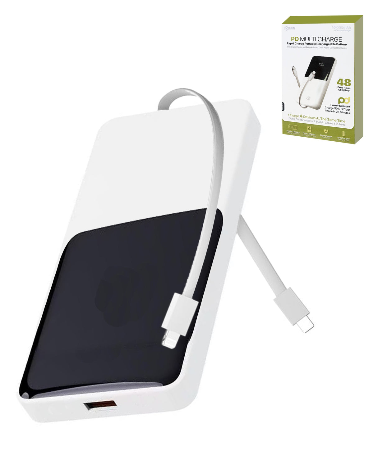 POMGEAR Multi Charge Portable Power Bank with Digital Display — 10,000mAh, White