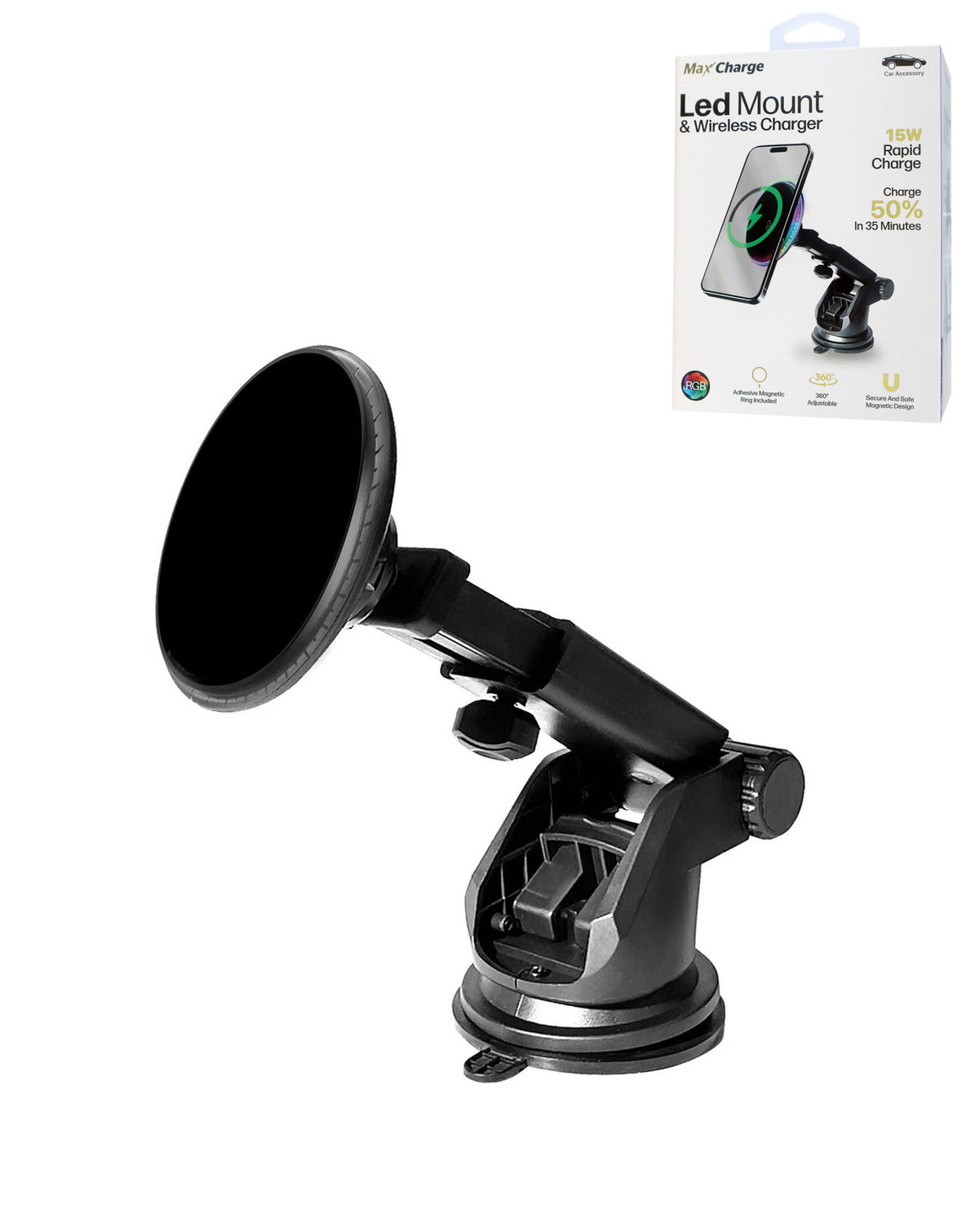 Max Charge Wireless Charging LED Phone Mount — 15W, Black