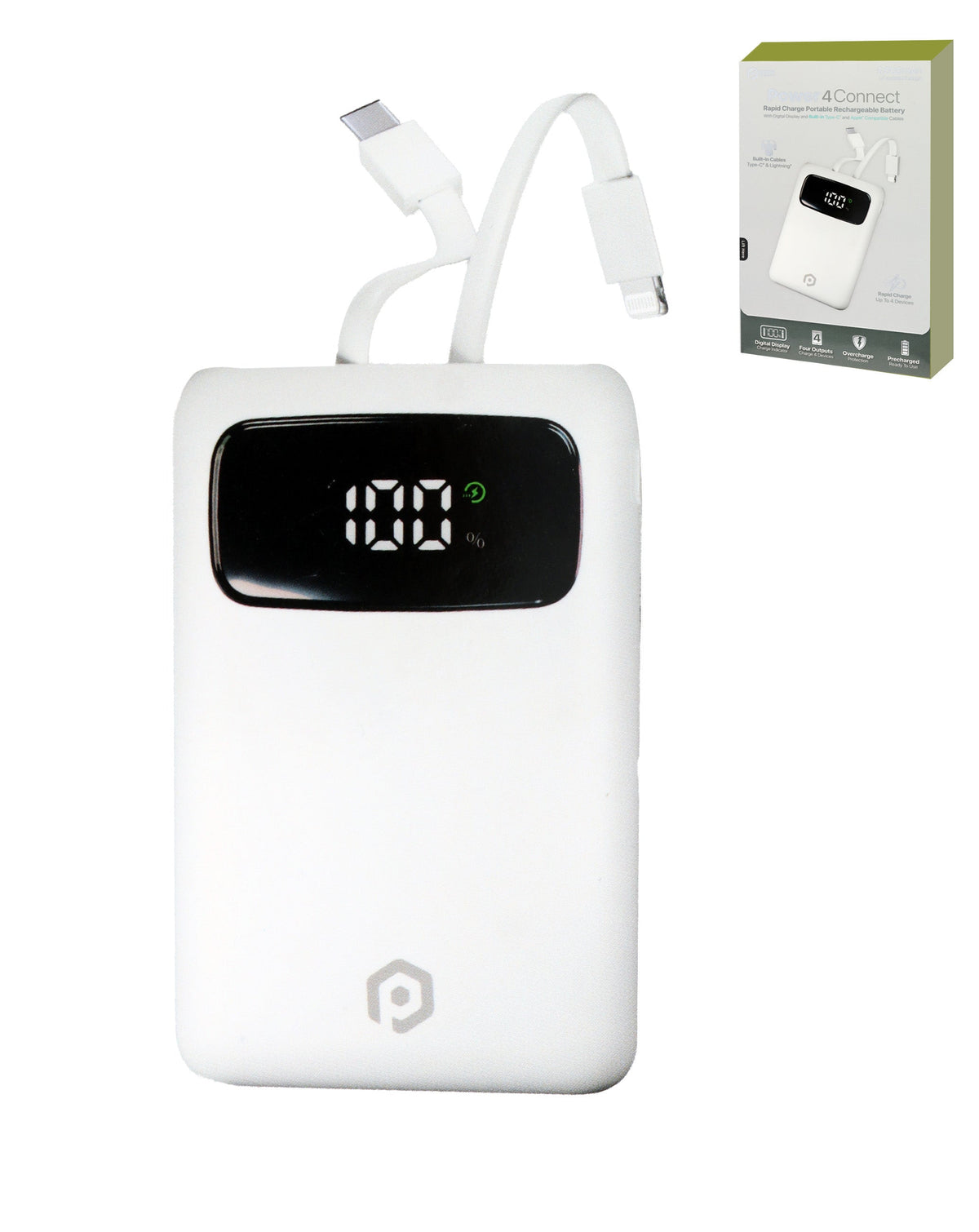 POMGEAR Power4Connect Rapid Charge Portable Power Bank with Digital Display — 5,000mAh, White