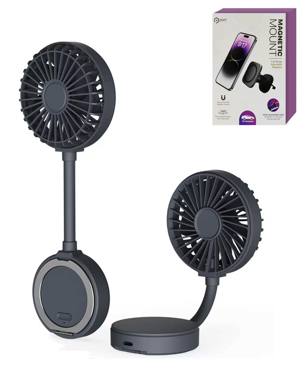 POMGEAR Aero Mate Bendable Magnetic Portable Fan with Magnetic Phone Stand — Black