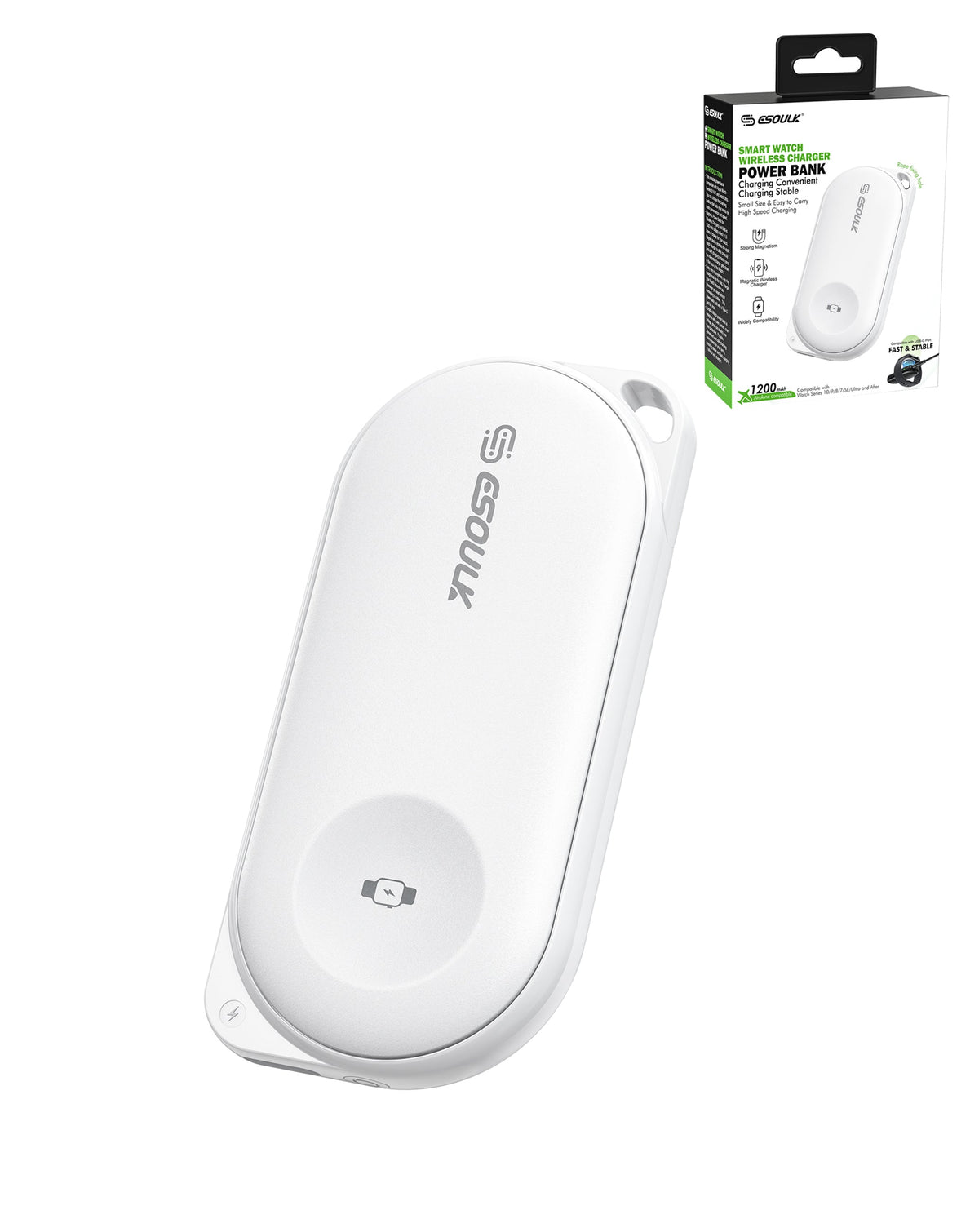 Esoulk Smart Watch Wireless Charging Power Bank — 1,200mAh, White