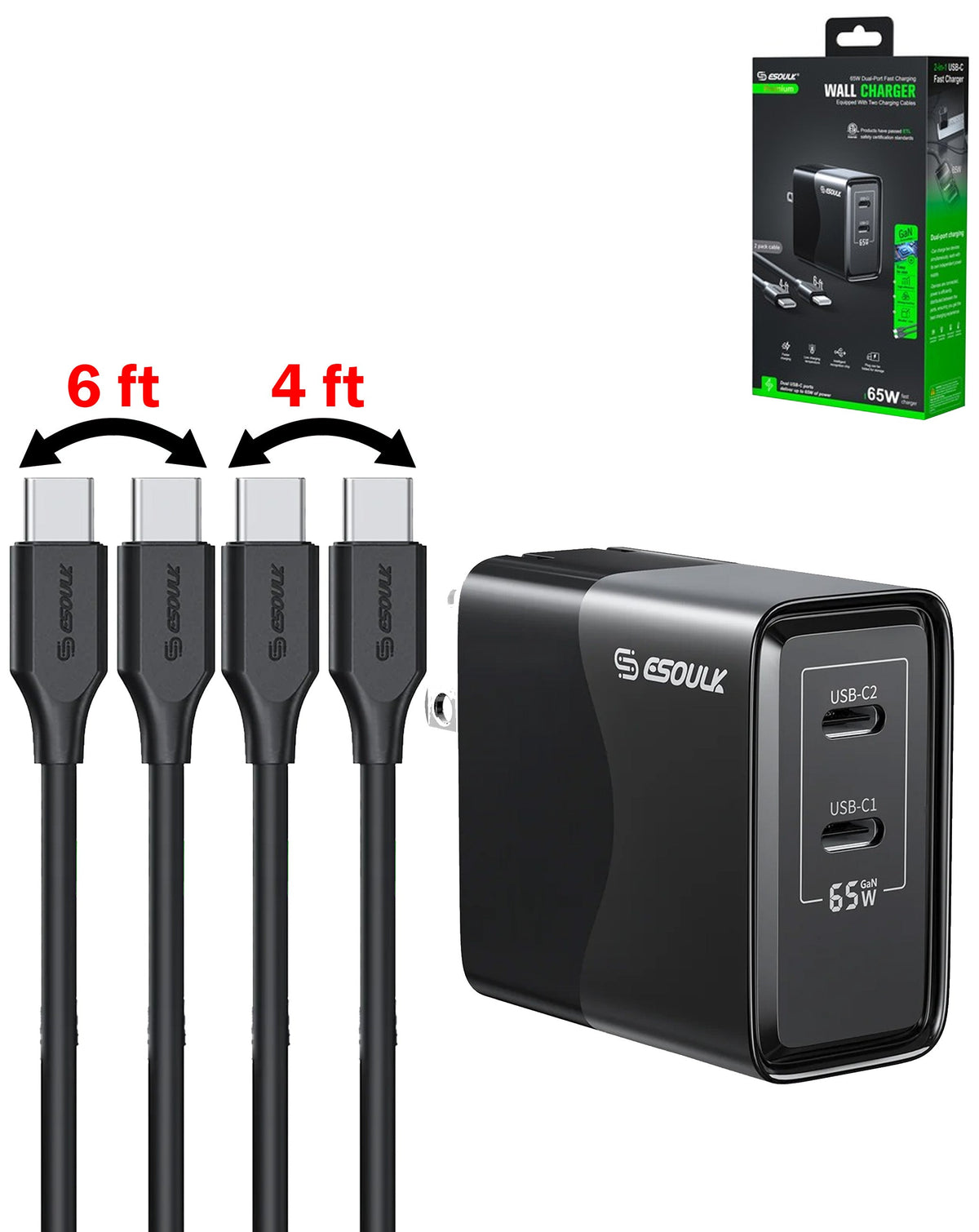 Esoulk EK2005 Dual USB-C Wall Charger with 4 ft & 6 ft USB-C Cables — 65W, Black