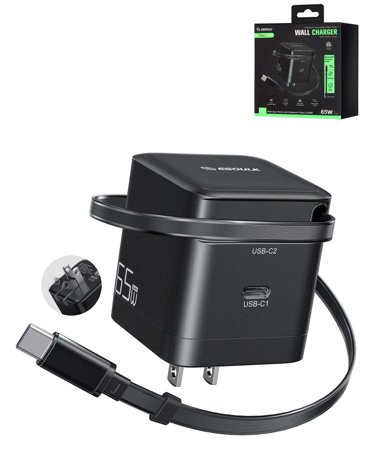 Esoulk 65W Wall Charger with Retractable USB-C Cable — Black