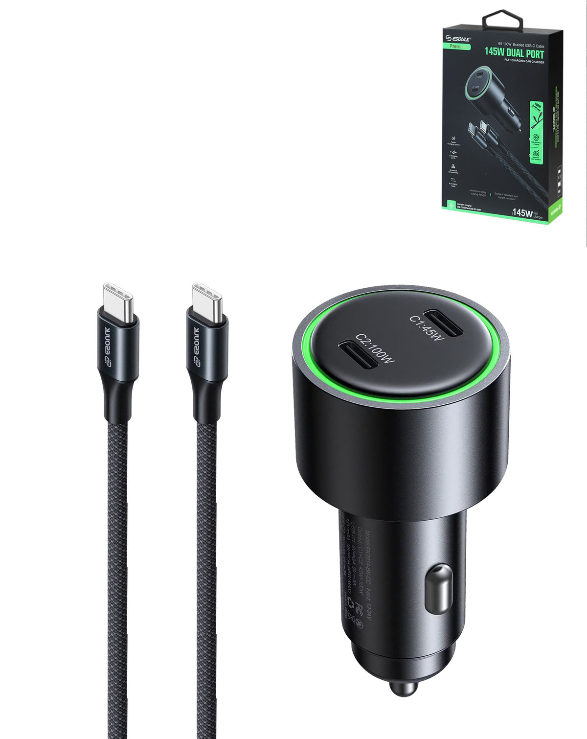 145W Fast Car Charger with 100W USB-C Braided Cable — 6 ft, Black