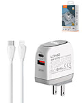 LDNIO A2522C Dual USB-A Wall Charger with USB-C to Lightning Cable — 30W, 3 ft