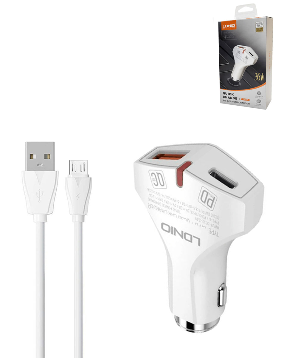 LDNIO C60P Dual USB-A + USB-C Car Charger with USB-A to Micro USB Cable — 36W, 3 ft