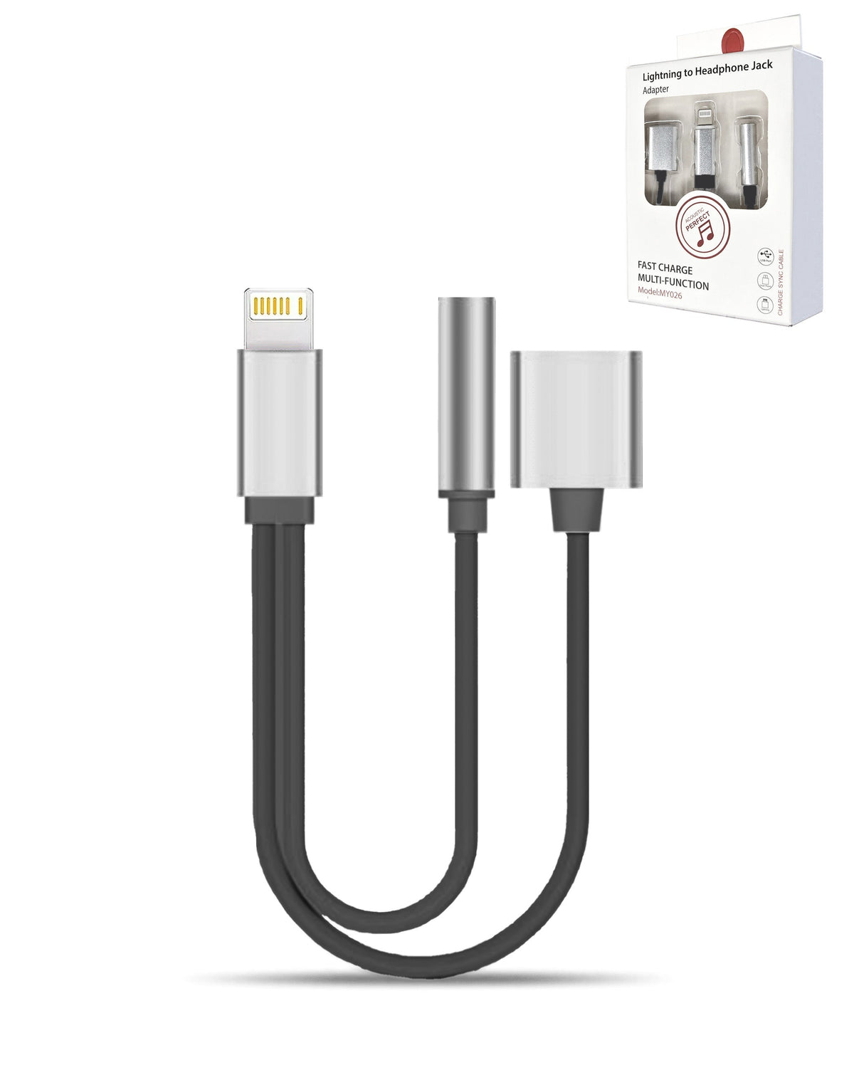 2-in-1 Lightning Charging & 3.5mm Headphone Jack Adapter — Black & Silver