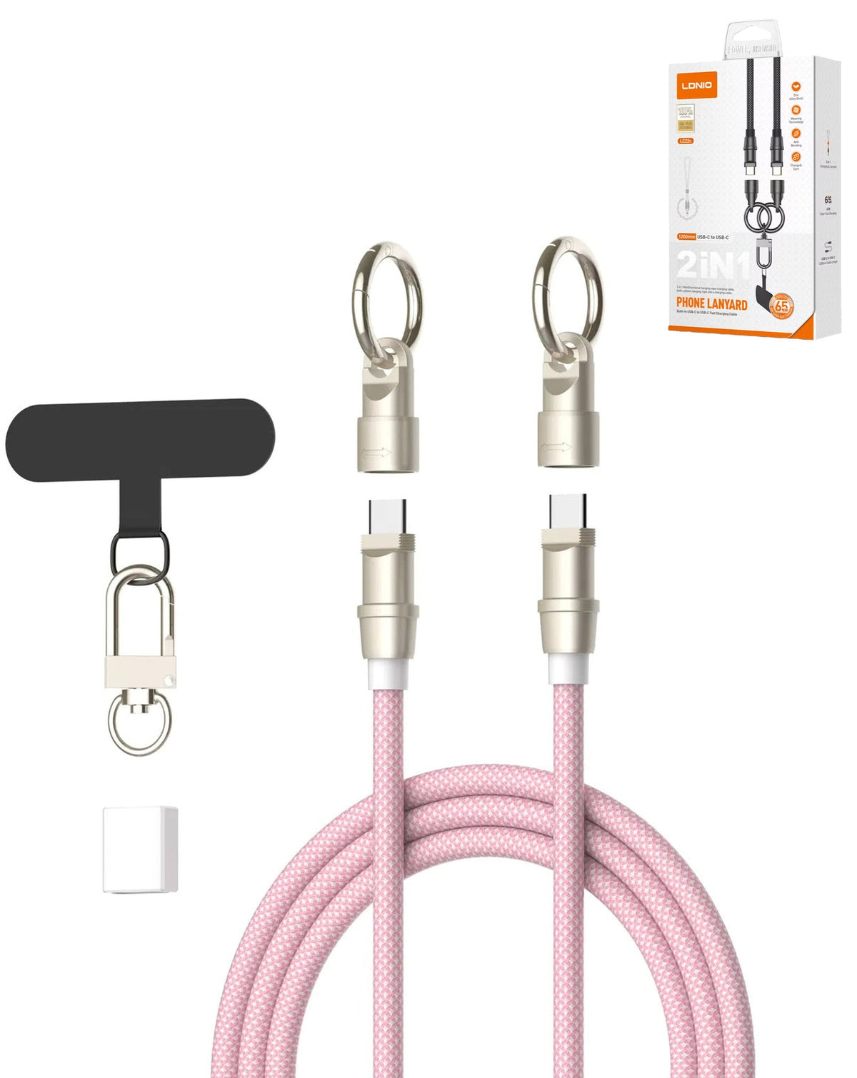 LDNIO LC22C 2-in-1 Lanyard Charging Cable — 65W, 1 ft, Pink