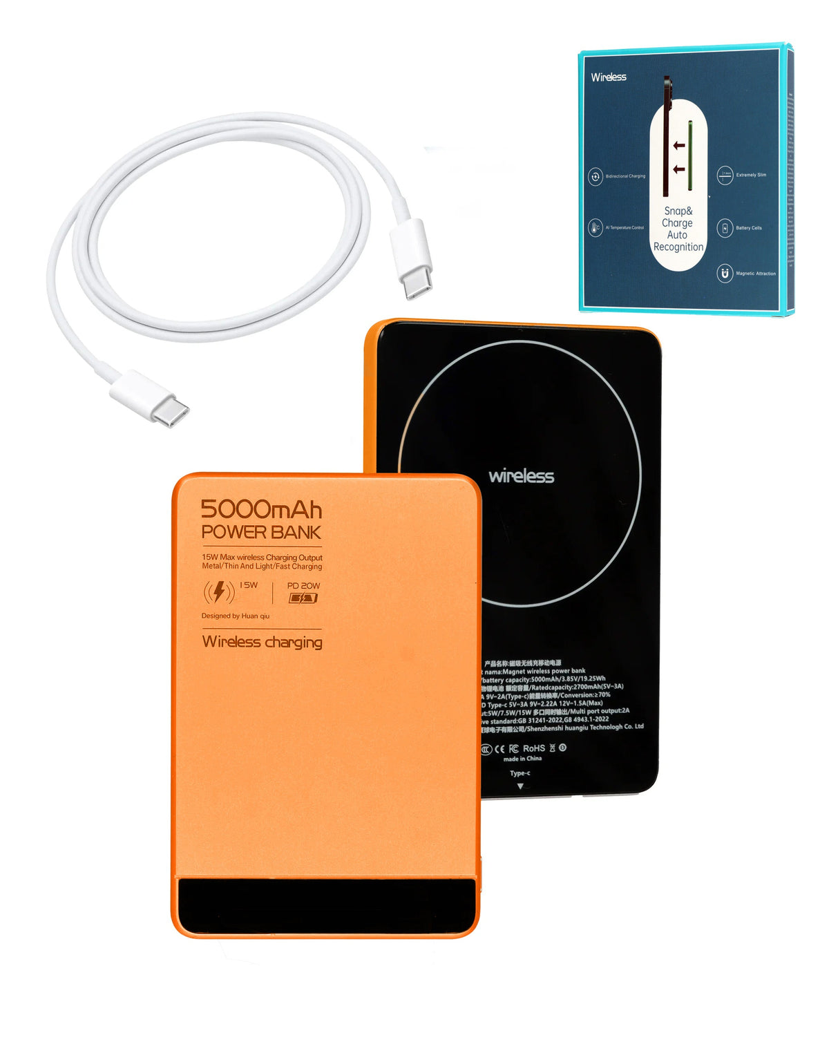 MagSafe Wireless Charging Power Bank — 5,000mAh, 15W, Orange