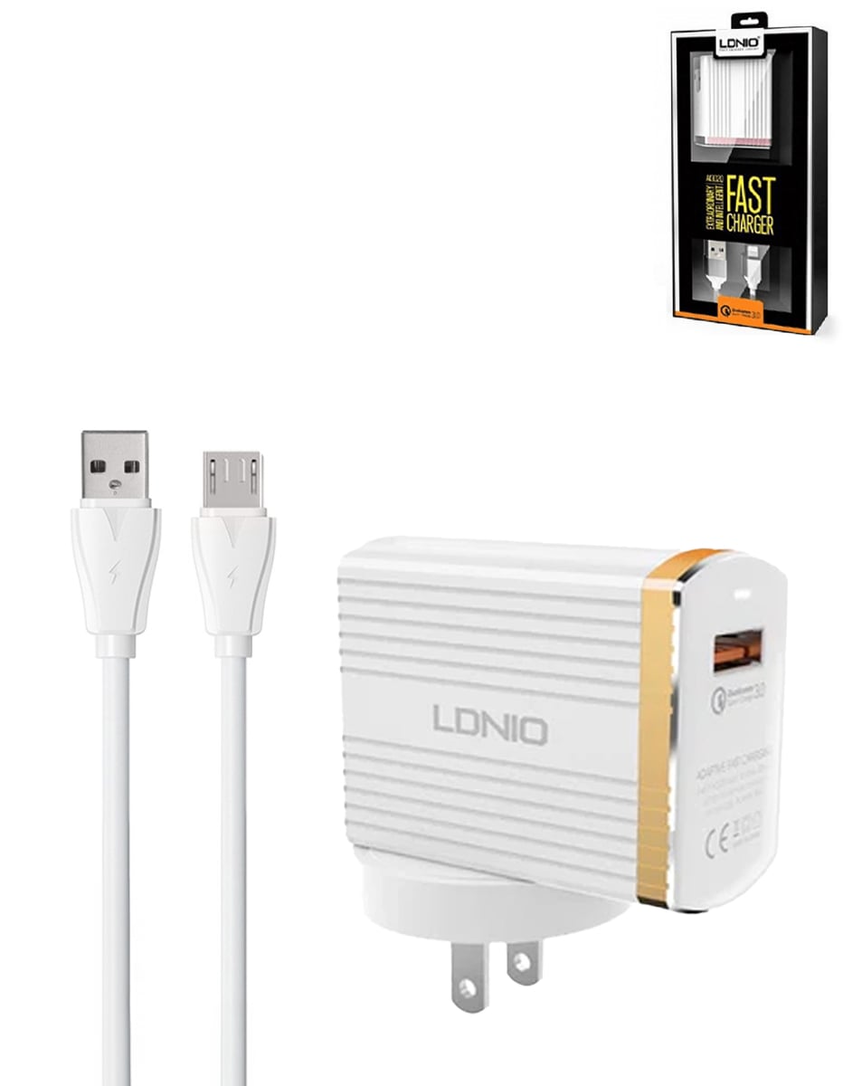 LDNIO A1302Q USB-A Wall Charger with USB-A to Micro USB Cable — 18W, 3 ft