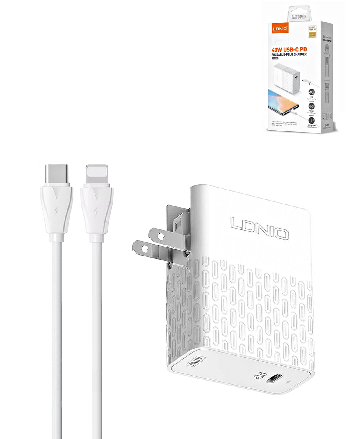 LDNIO A1405C USB-C Wall Charger with USB-C to Lightning Cable — 40W, 3 ft