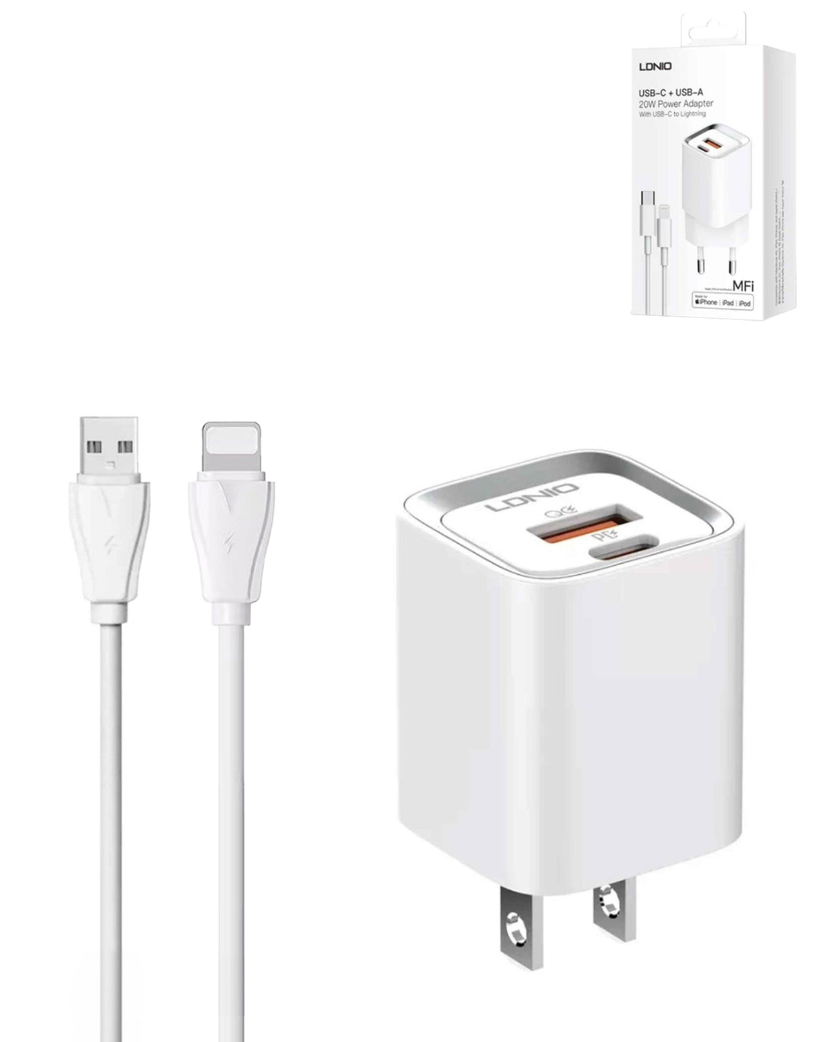 LDNIO 20W USB-A + USB-C Wall Charger with MFi Lightning Cable