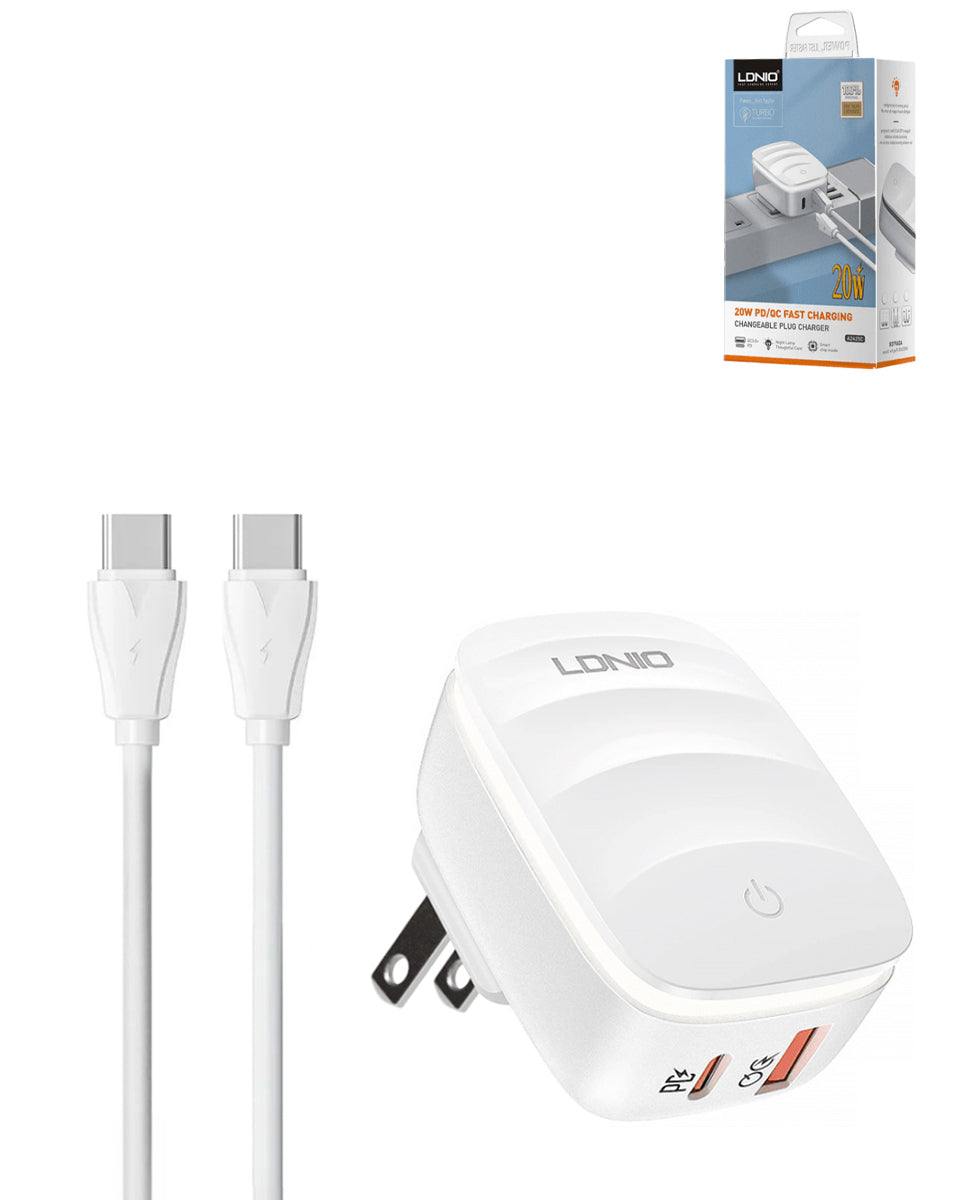 LDNIO A2425C Dual USB-C Lamp Wall Charger with USB-C to USB-C Cable — 20W, 3 ft