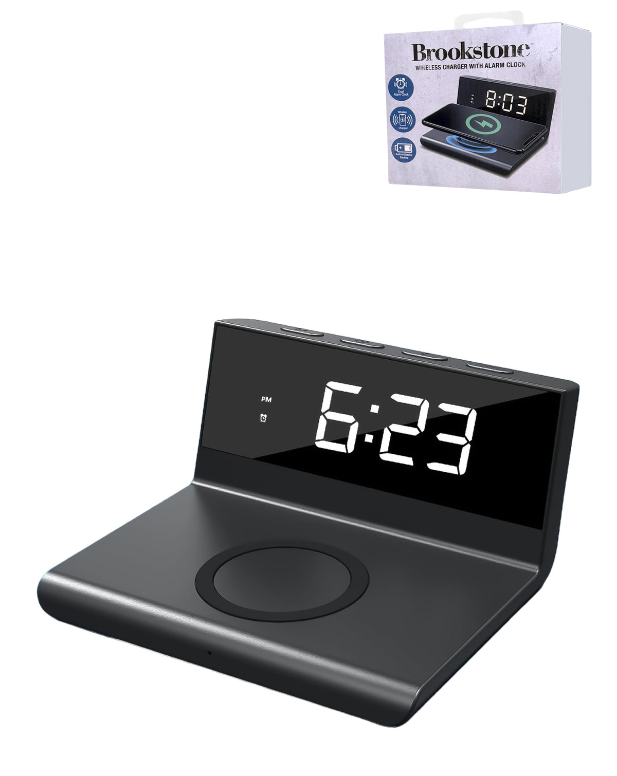 Brookstone Alarm Clock with Wireless Charging — Black