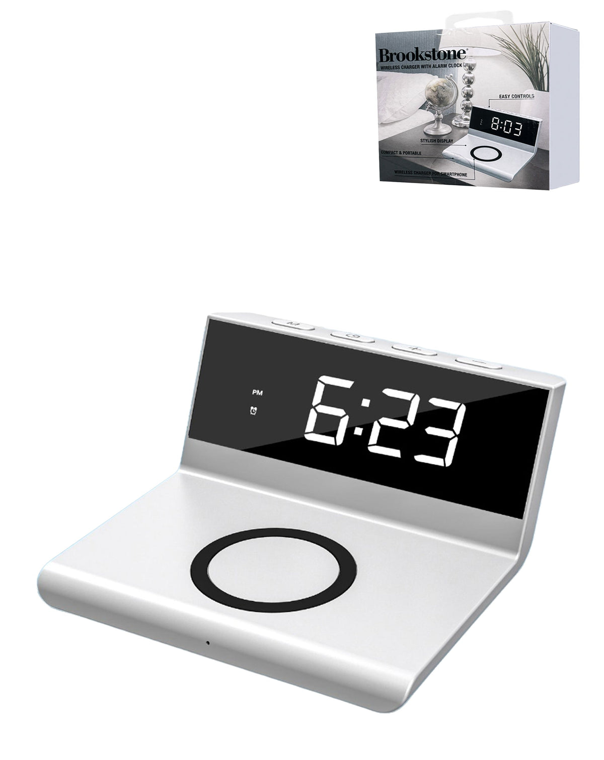Brookstone Alarm Clock with Wireless Charging — 10W, White