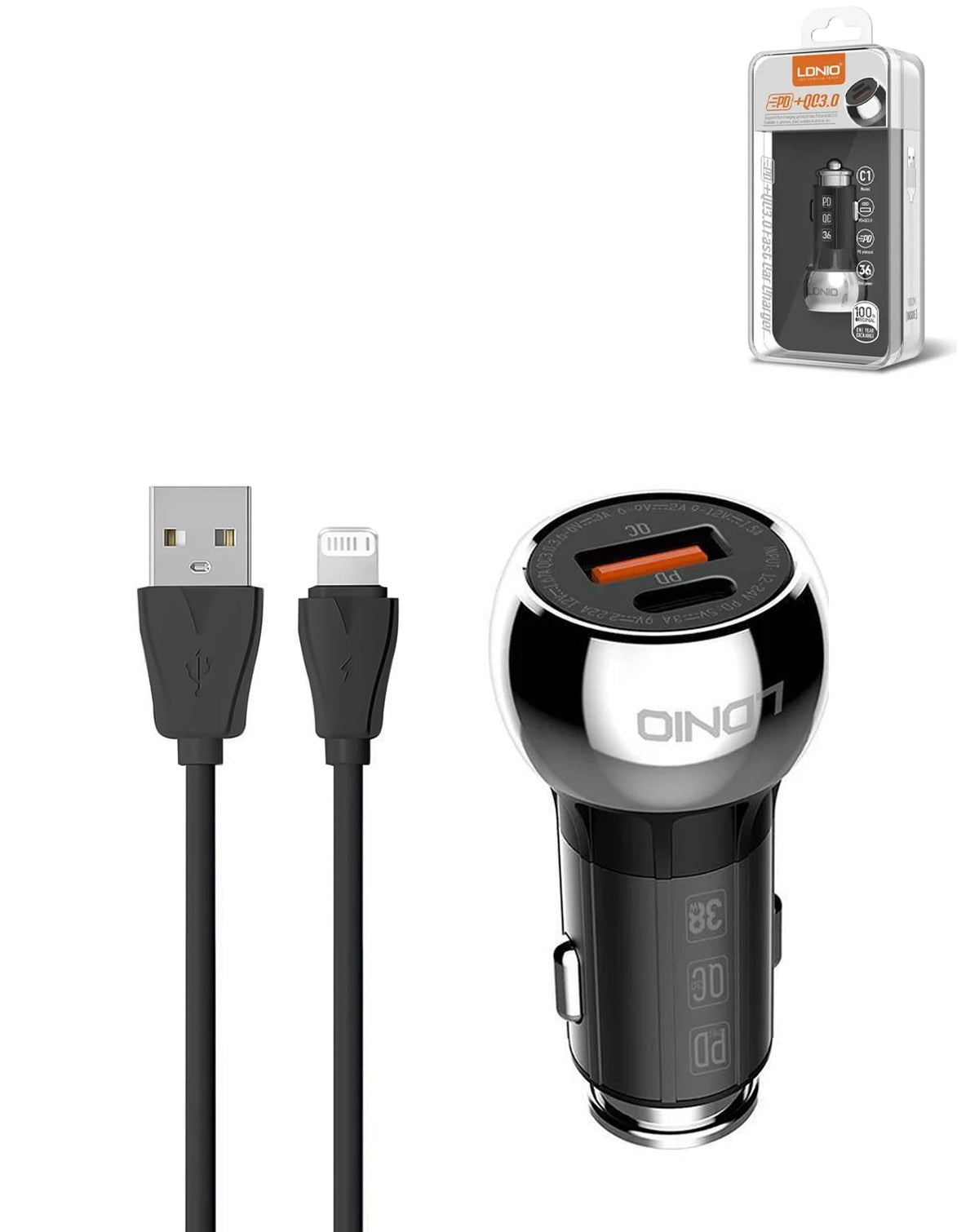 LDNIO C1 Dual USB-A + USB-C Car Charger with USB-A to Lightning Charging Cable — 36W, 3 ft