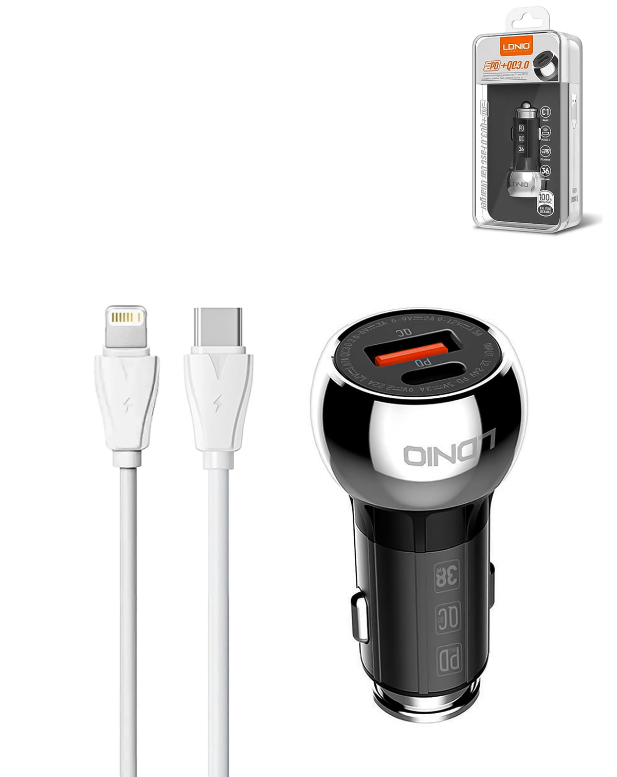 LDNIO C1 Dual USB-A + USB-C Car Charger with USB-C to Lightning Cable — 36W, 3 ft