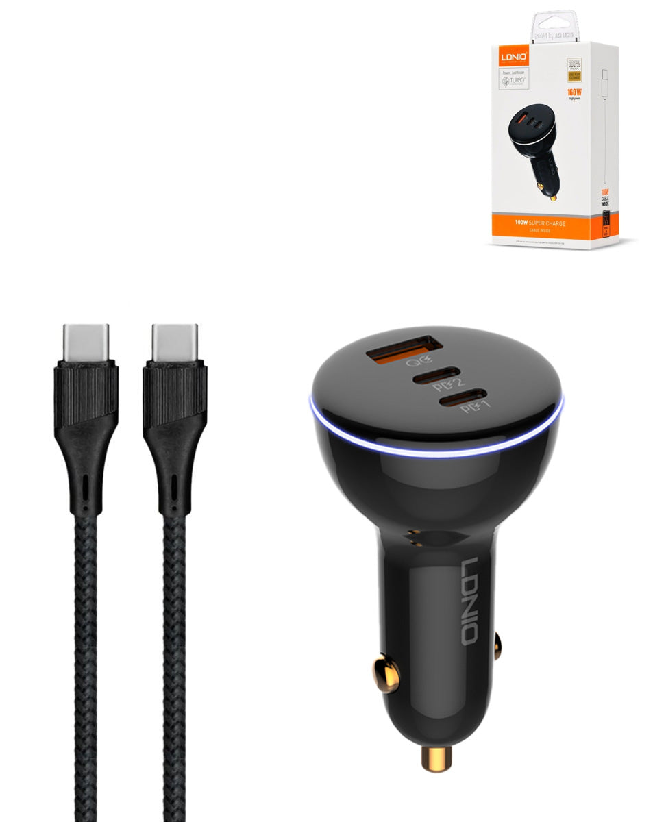 LDNIO C102 Dual USB-A + USB-C Car Charger with USB-C to USB-C Cable — 160W, 3 ft, Gray