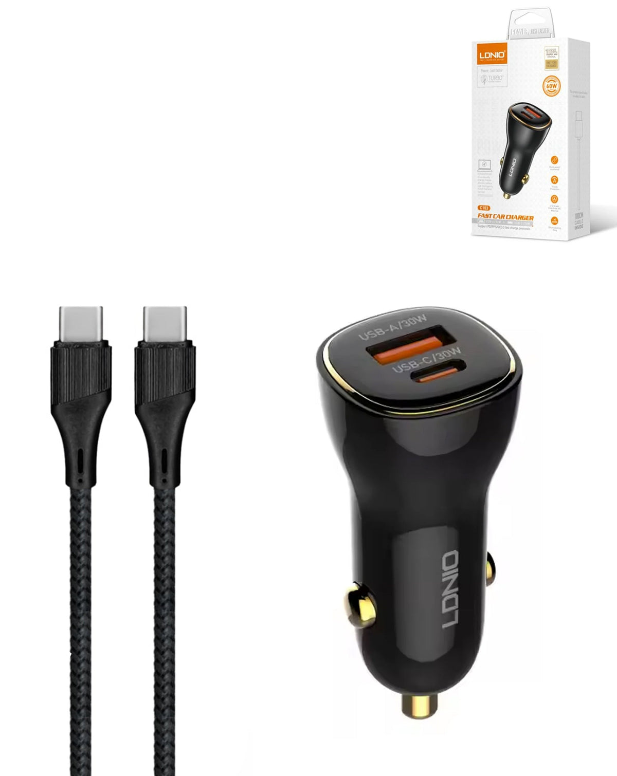 LDNIO C103 Dual USB-A + USB-C Car Charger with USB-C to USB-C Cable — 60W, 3 ft